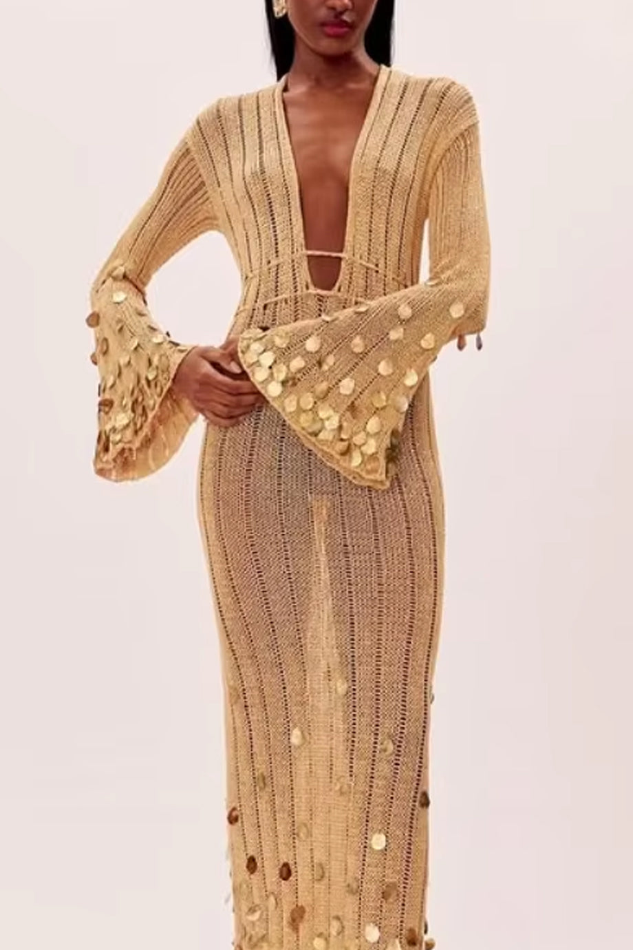 elma Golden Aura v-neck Knitted maxi Dress Avalabel