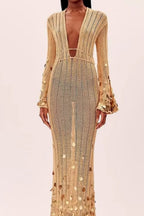 elma Golden Aura v-neck Knitted maxi Dress Avalabel