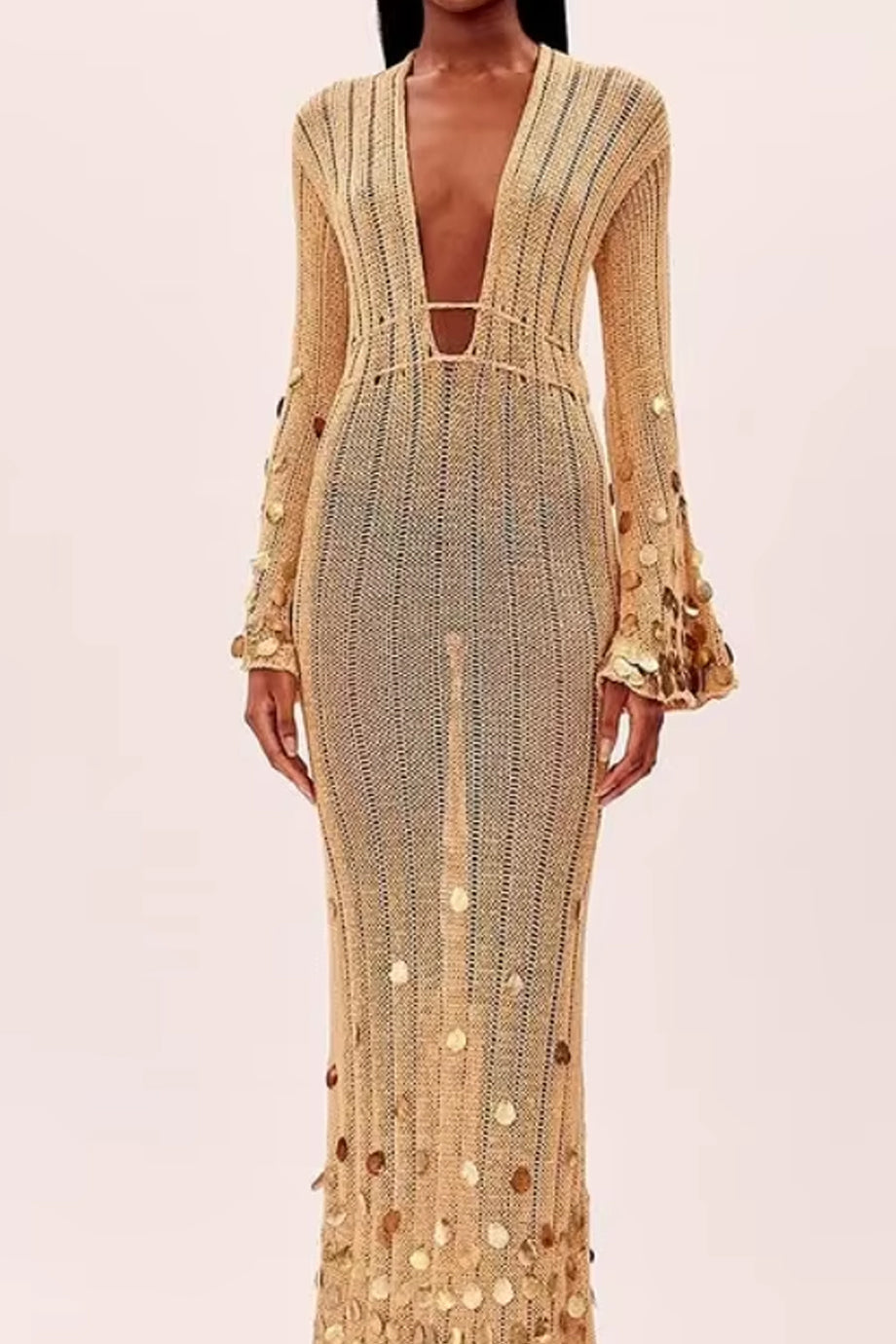 elma Golden Aura v-neck Knitted maxi Dress Avalabel