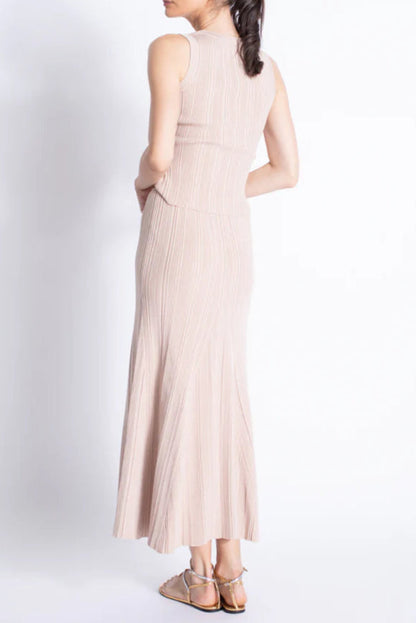Eartha Sleeveless Knitted Dress Top Skirt Set in Apricot