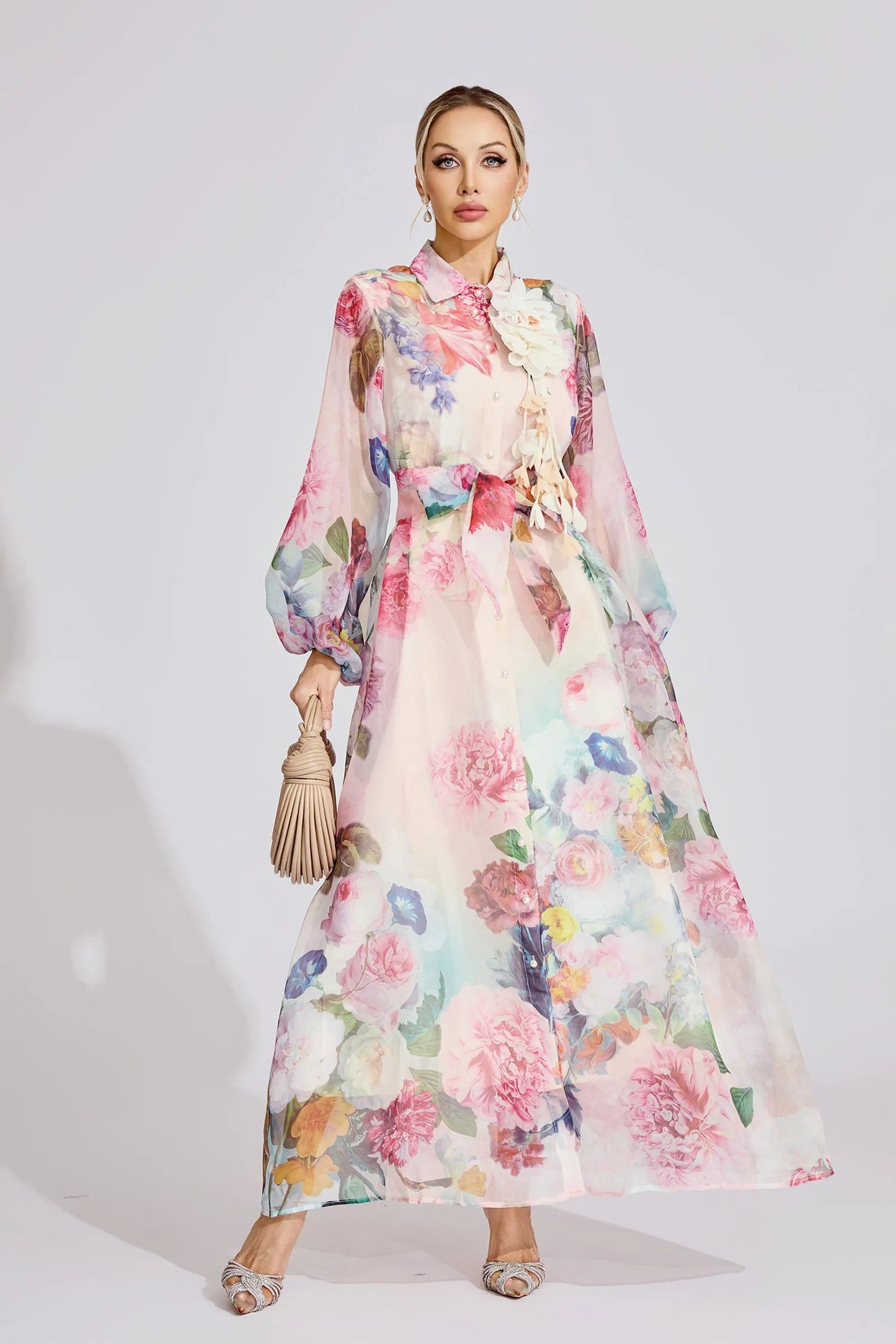 Vivien Pink Floral Printed Lantern Sleeve Maxi Dress