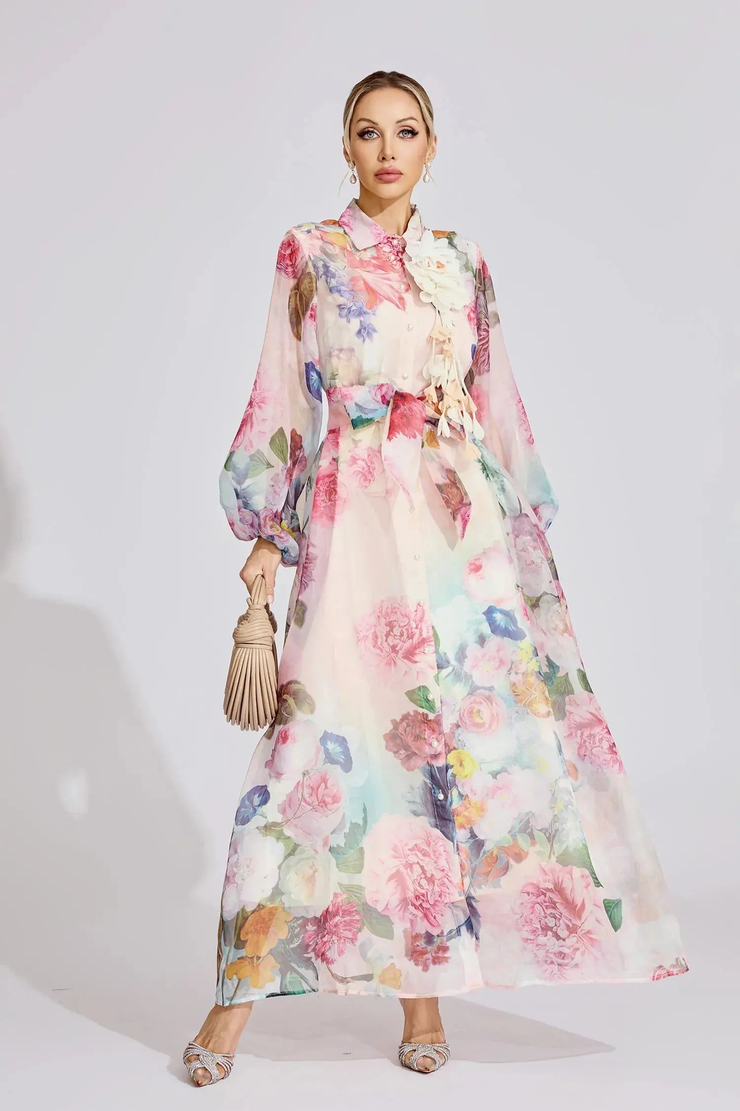 Vivien Pink Floral Printed Lantern Sleeve Maxi Dress Avalabel