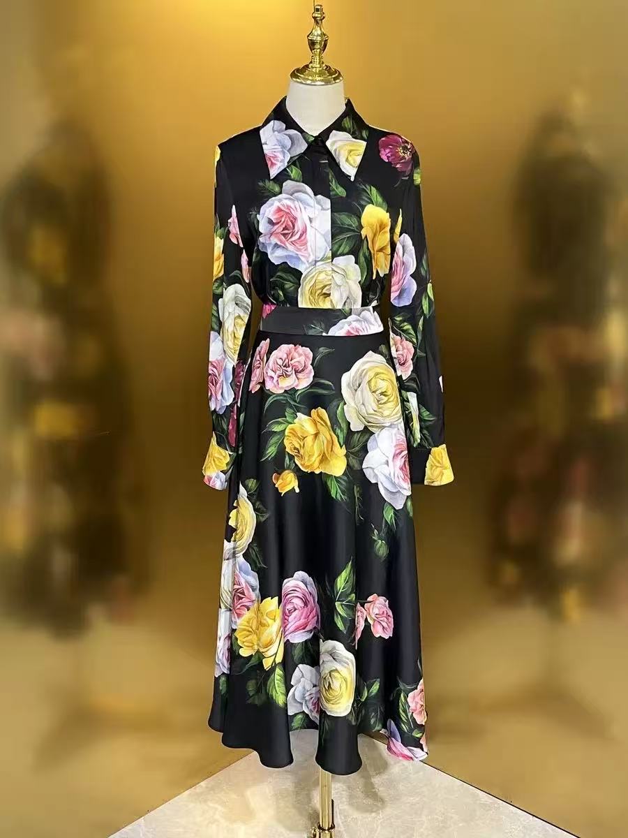 Black Floral Print Shirt & Midi Skirt Co-ord Set Avalabel