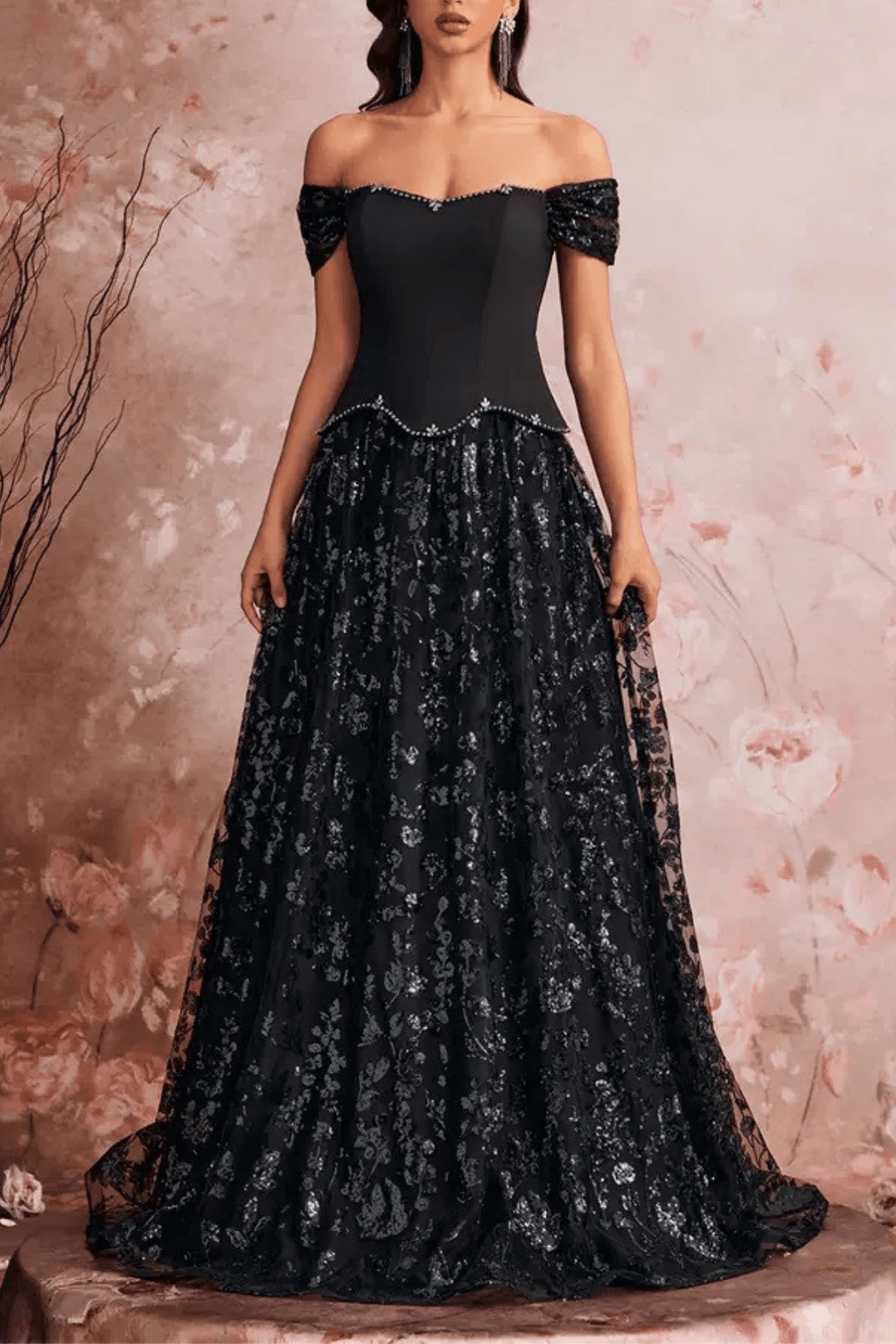 Bailey Elegant Off Shoulder Lace Floral Evening Dress Avalabel