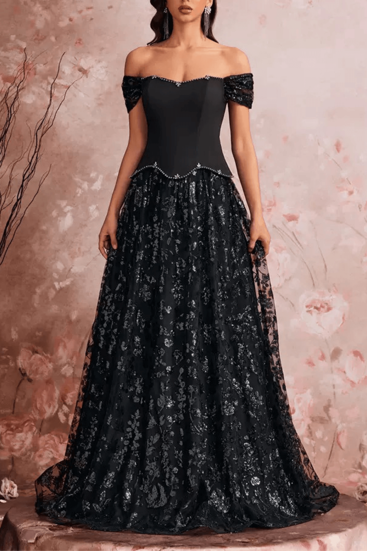 Bailey Elegant Off Shoulder Lace Floral Evening Dress Avalabel