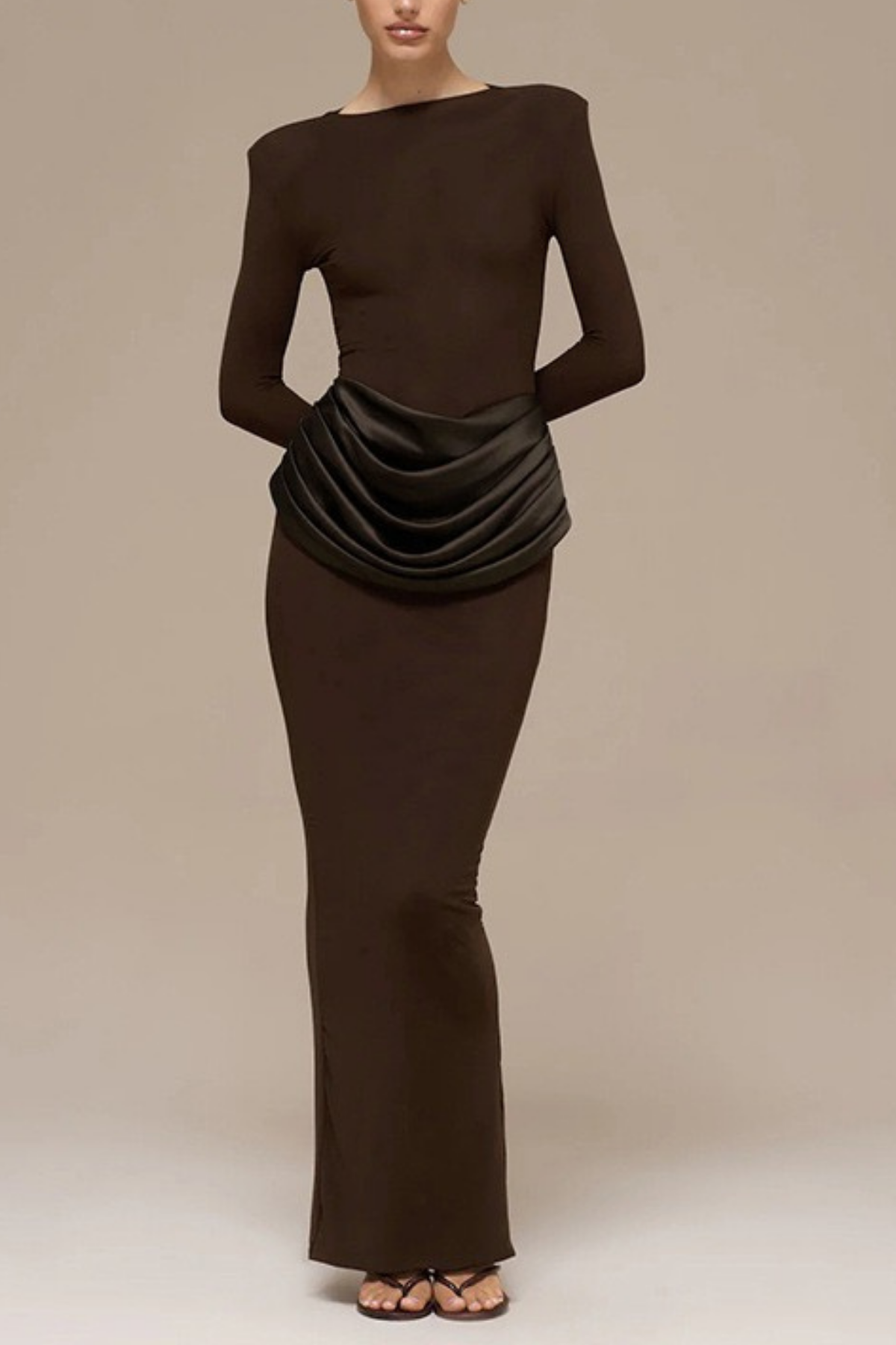 Elena Brown Long Sleeve Bodycon Maxi Dress Avalabel