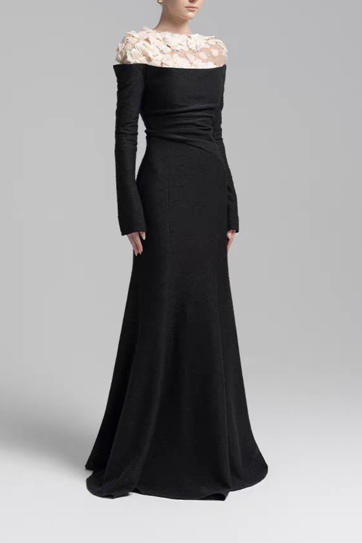 Louise 3D Floral Sheer Shoulder Long Sleeve Black Dress Avalabel