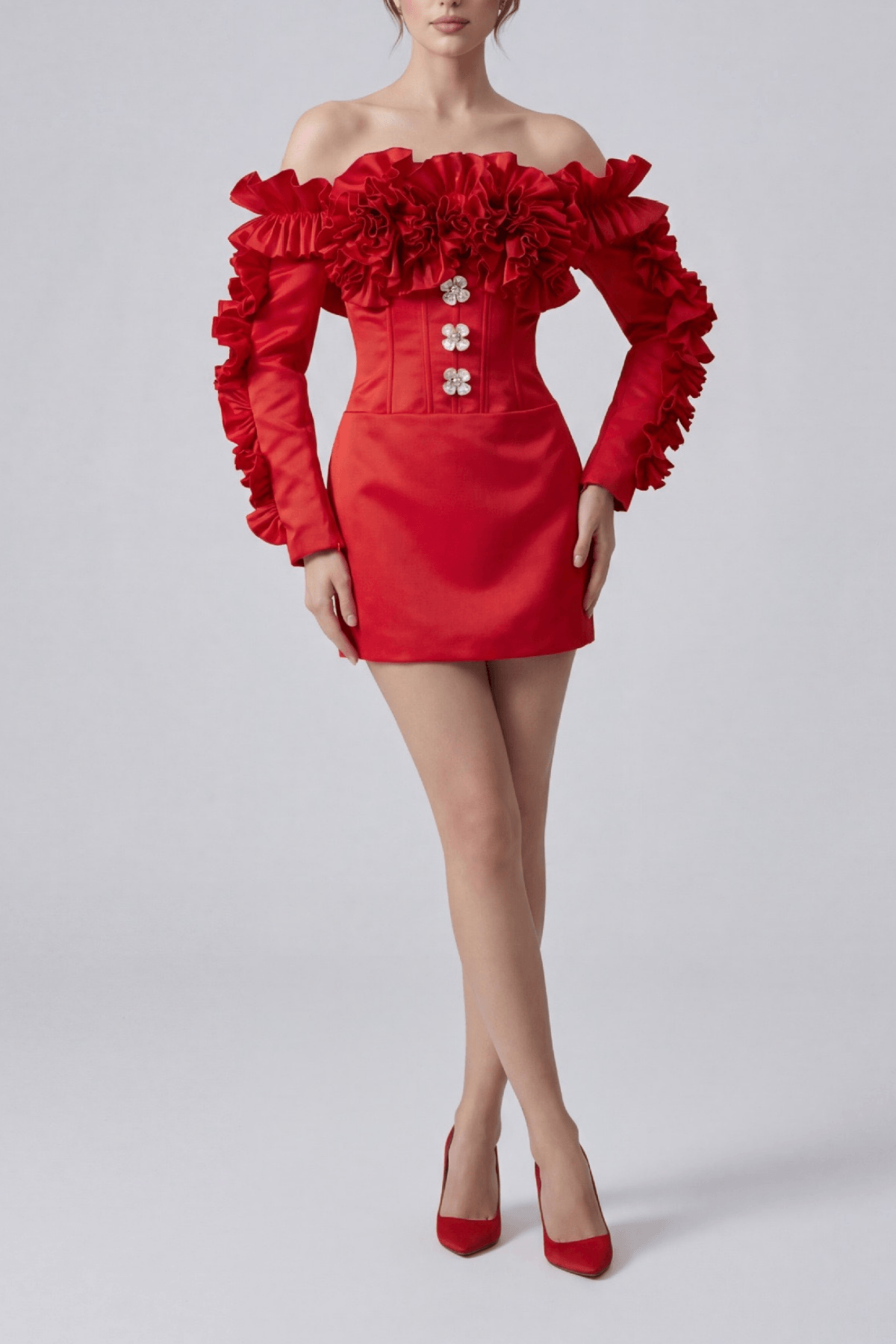 Elsa Red Off Shoulder Ruffle Corset Mini Dress Avalabel