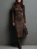 High Neck Long Sleeve Suede Midi Dress Avalabel