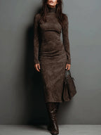 High Neck Long Sleeve Suede Midi Dress Avalabel