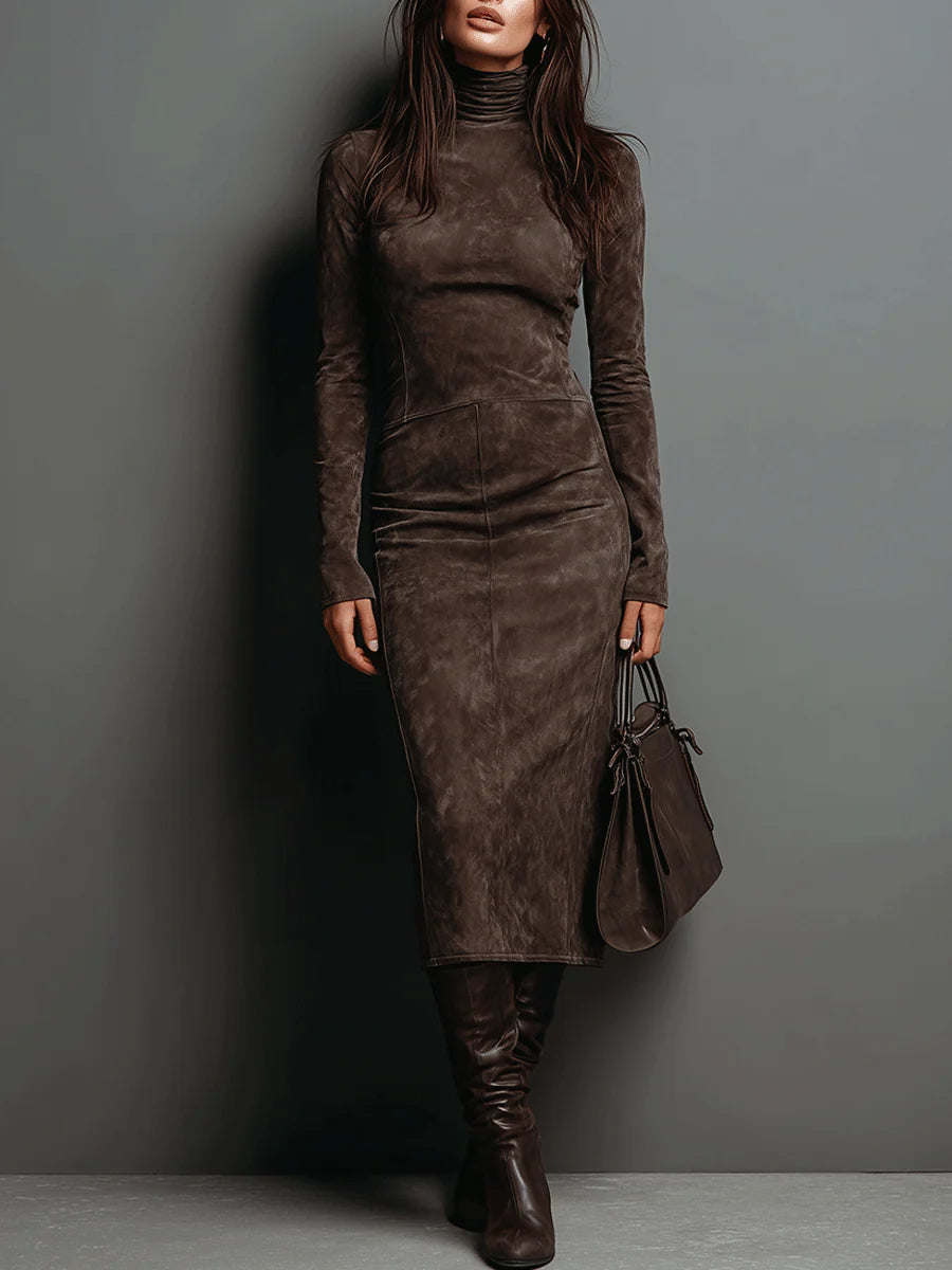 High Neck Long Sleeve Suede Midi Dress Avalabel