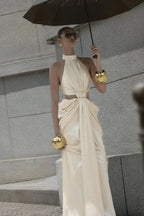 stephanie Cutout Waist halter Maxi Dress in beige Avalabel