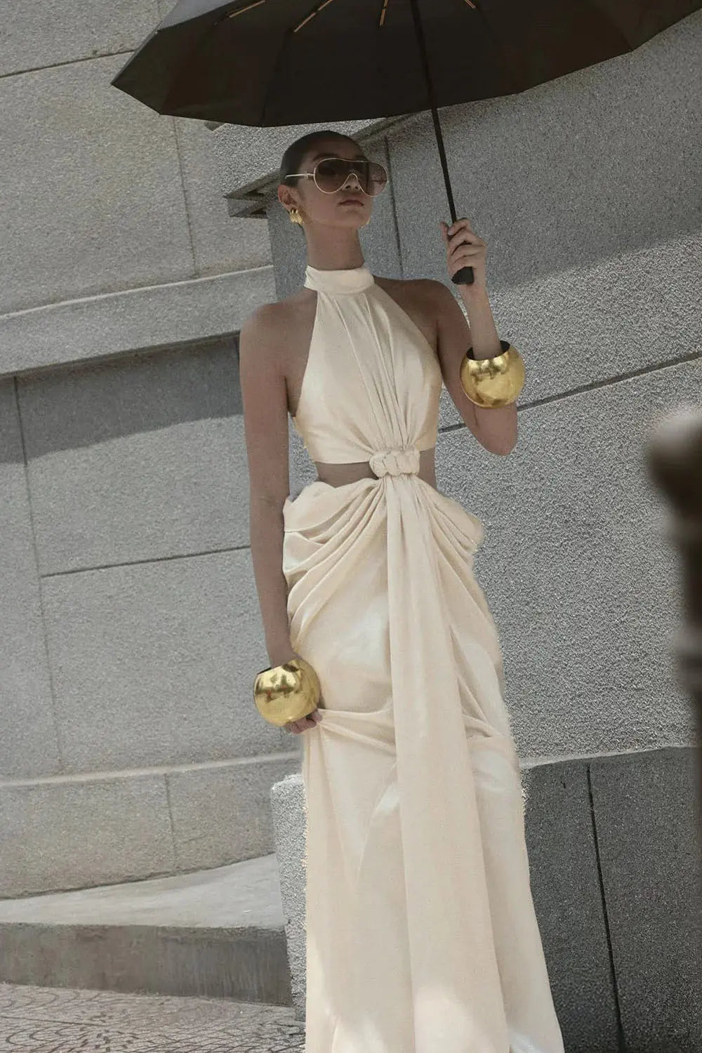 stephanie Cutout Waist halter Maxi Dress in beige Avalabel