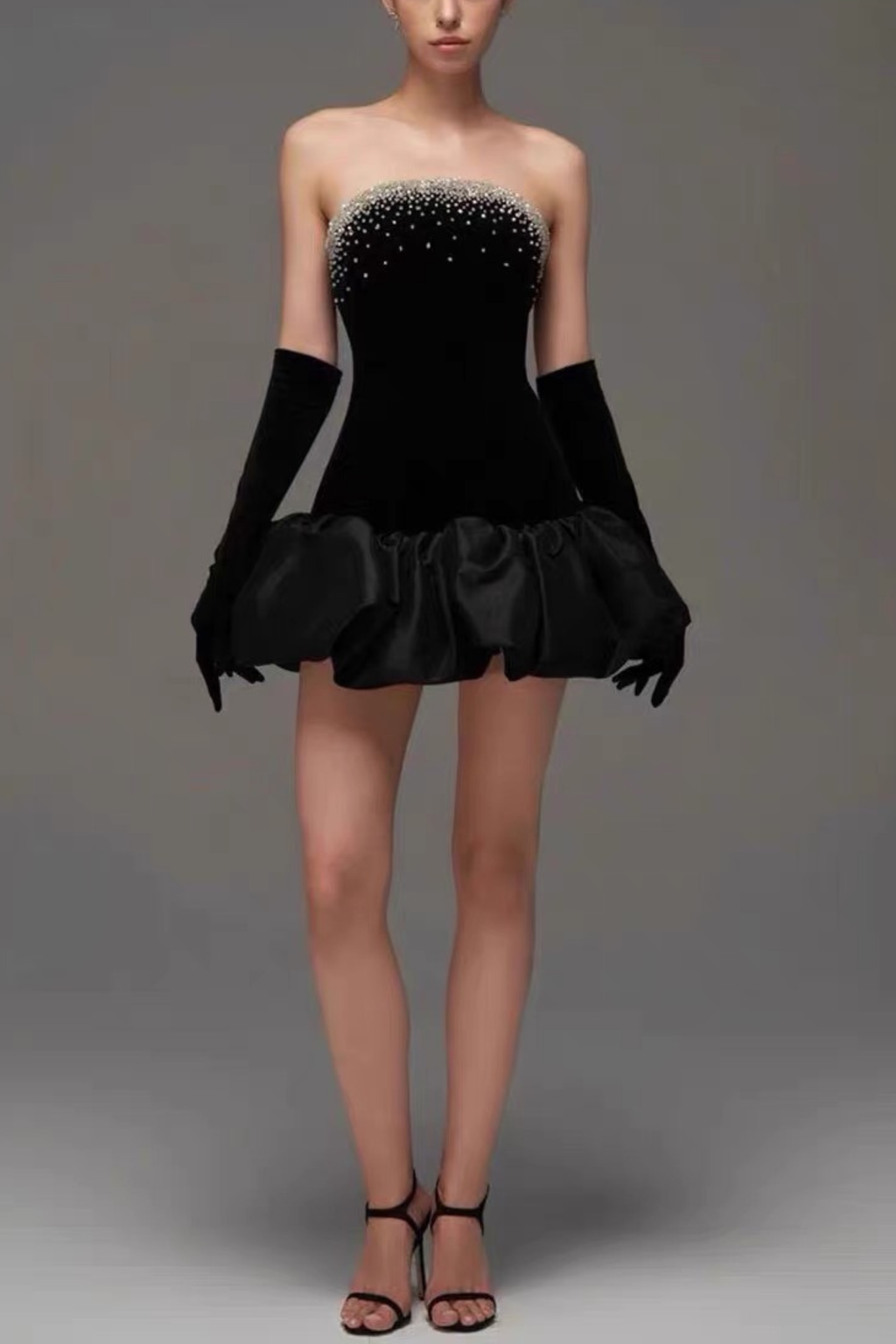 Vivienne Crystal Embellished Black Velvet Strapless Dress With Voluminous Satin Hem Avalabel