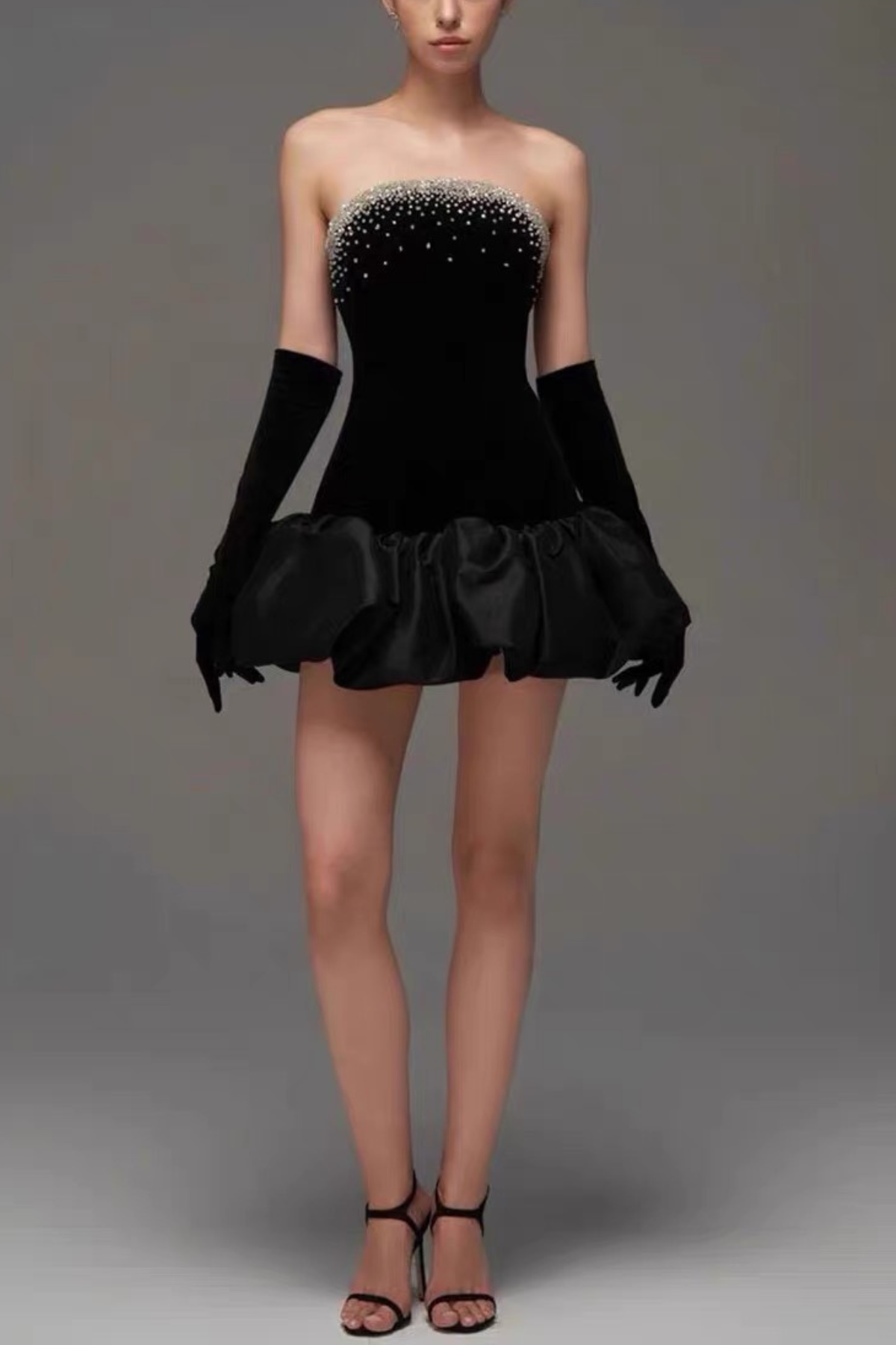 Vivienne Crystal Embellished Black Velvet Strapless Dress With Voluminous Satin Hem Avalabel