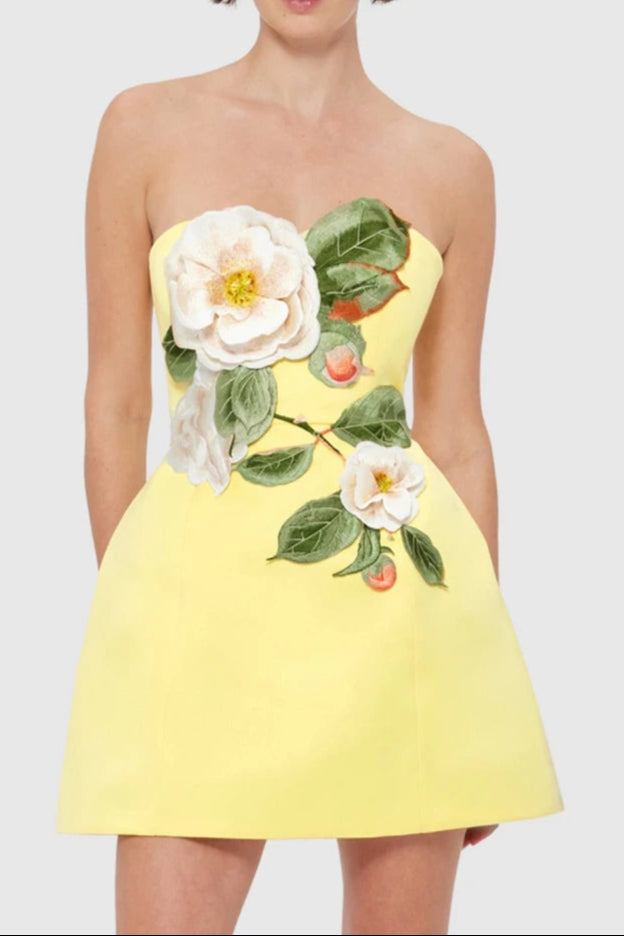 Suzanne Appliqué Floral Bustier Mini Dress in Yellow Avalabel