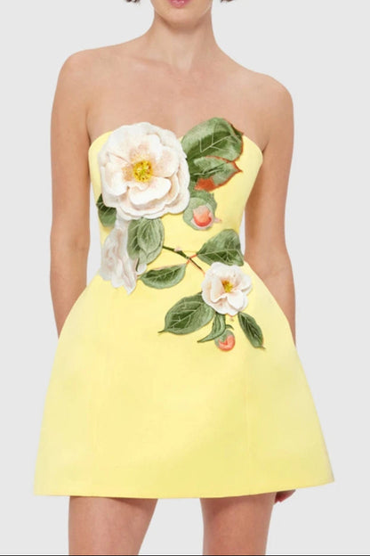 Suzanne Appliqué Floral Bustier Mini Dress in Yellow