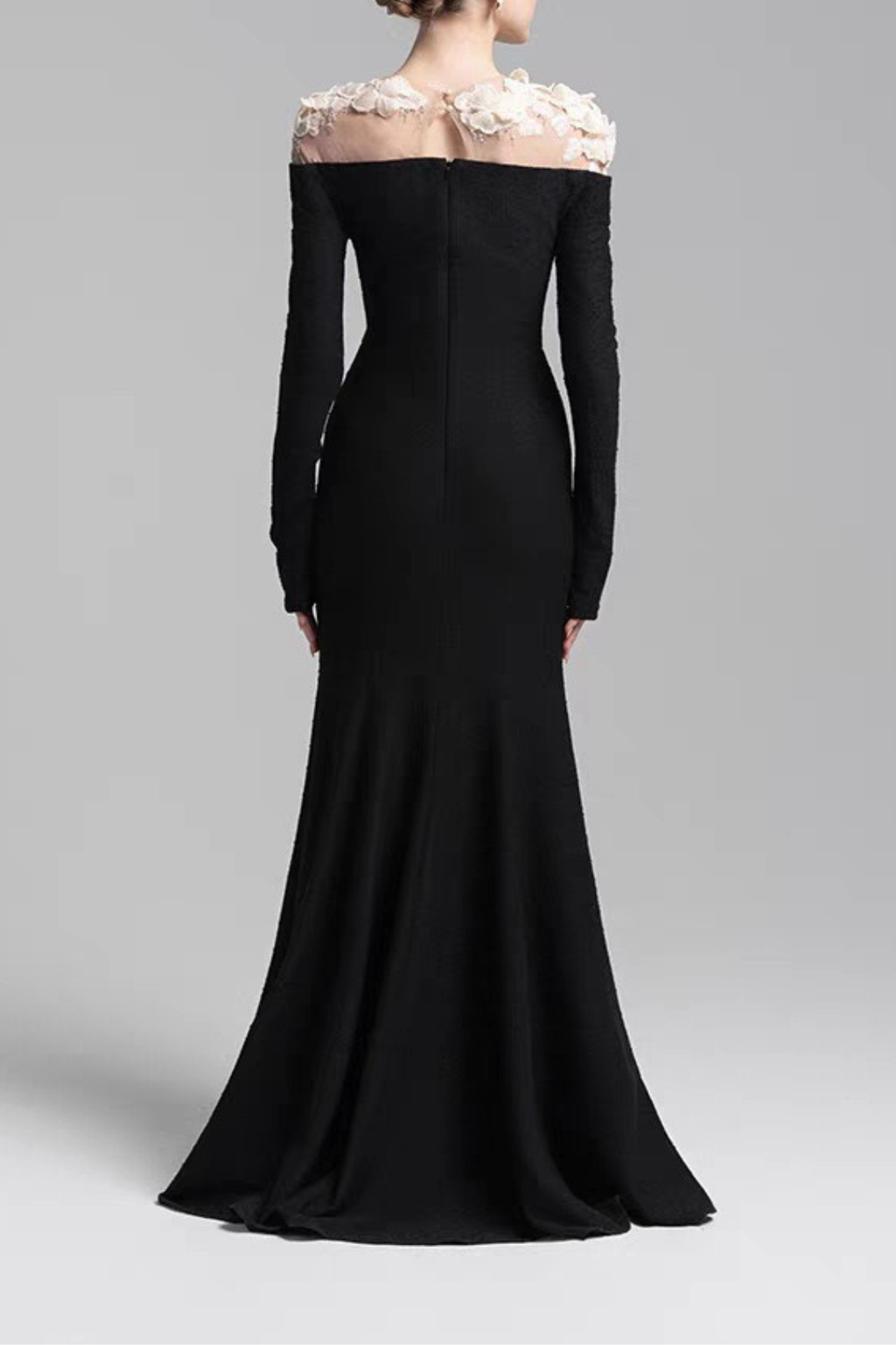 Louise 3D Floral Sheer Shoulder Long Sleeve Black Dress Avalabel