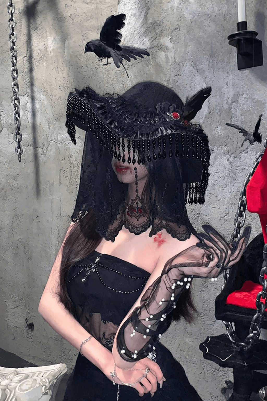 Gothic Wide Brim Lace Hat with Tassels Avalabel