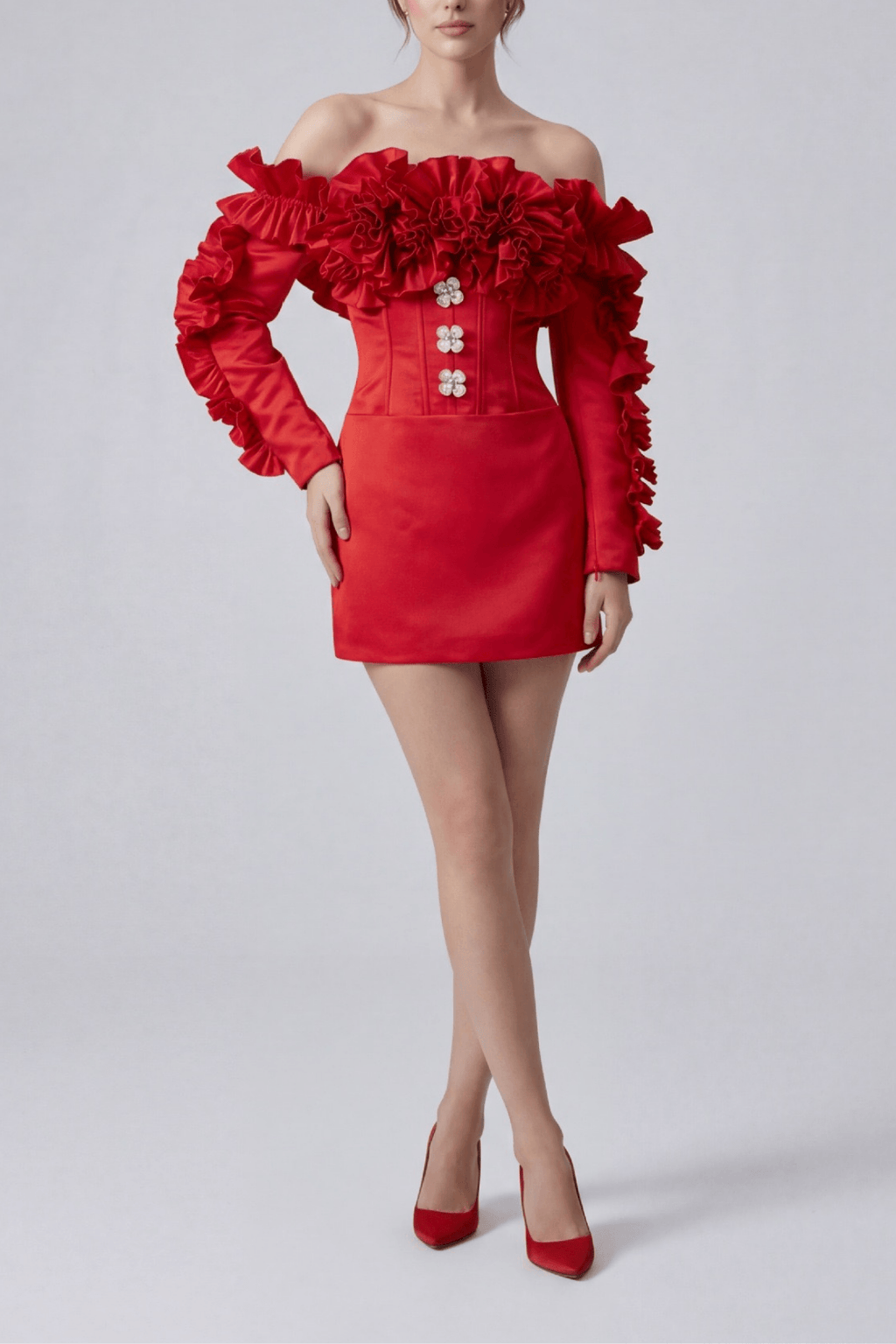 Elsa Red Off Shoulder Ruffle Corset Mini Dress Avalabel
