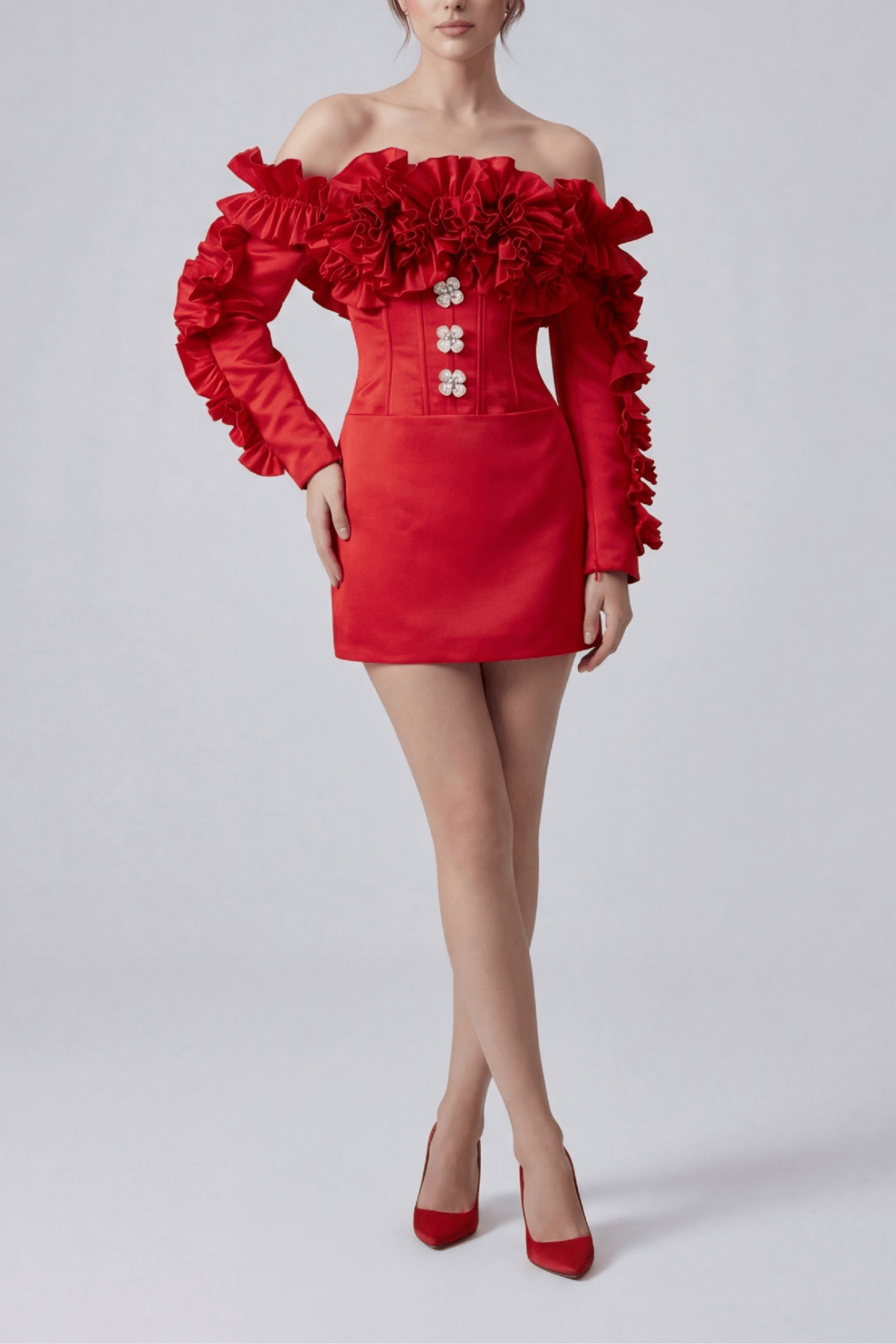 Elsa Red Off Shoulder Ruffle Corset Mini Dress Avalabel