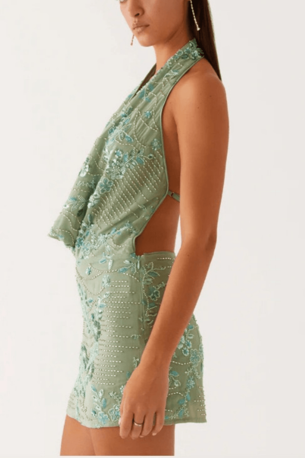 Olivia Sage Green Embroidered Halter Mini Dress Avalabel