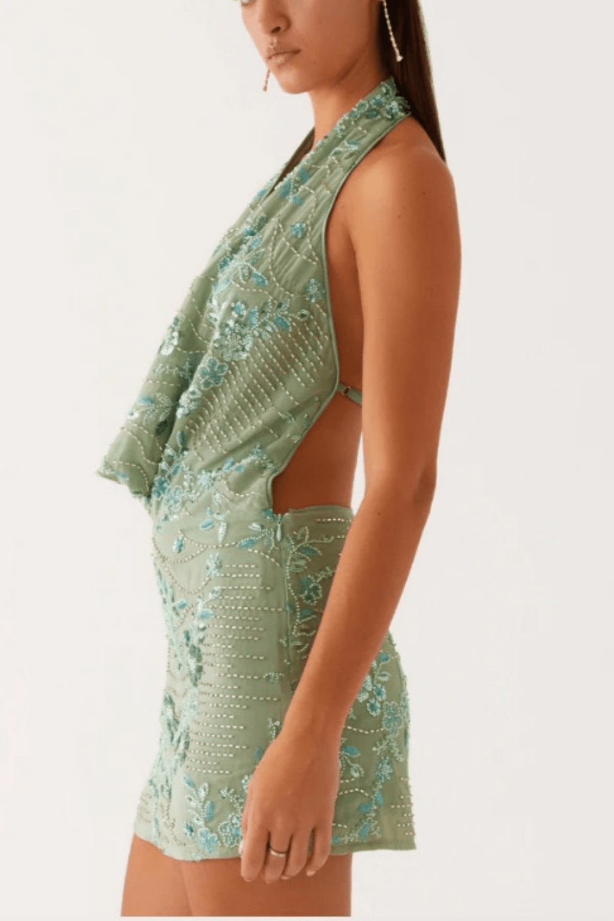 Olivia Sage Green Embroidered Halter Mini Dress Avalabel