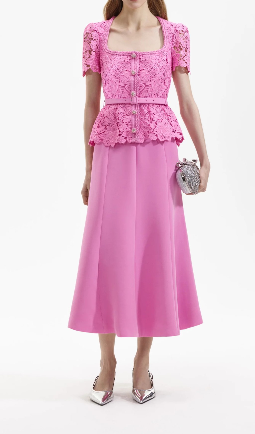PINK LACE TAILORED MIDI DRESS Avalabel