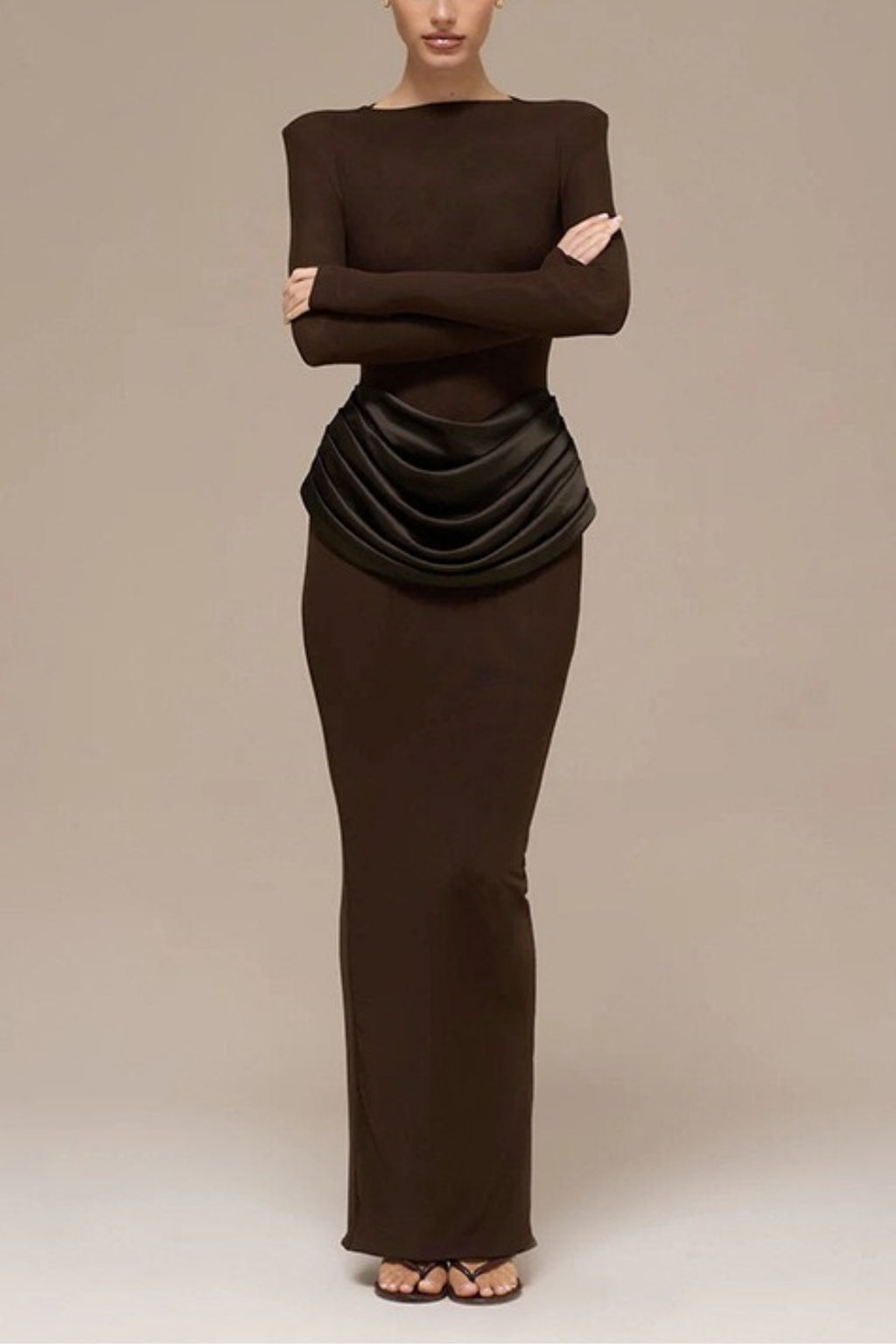 Elena Brown Long Sleeve Bodycon Maxi Dress Avalabel