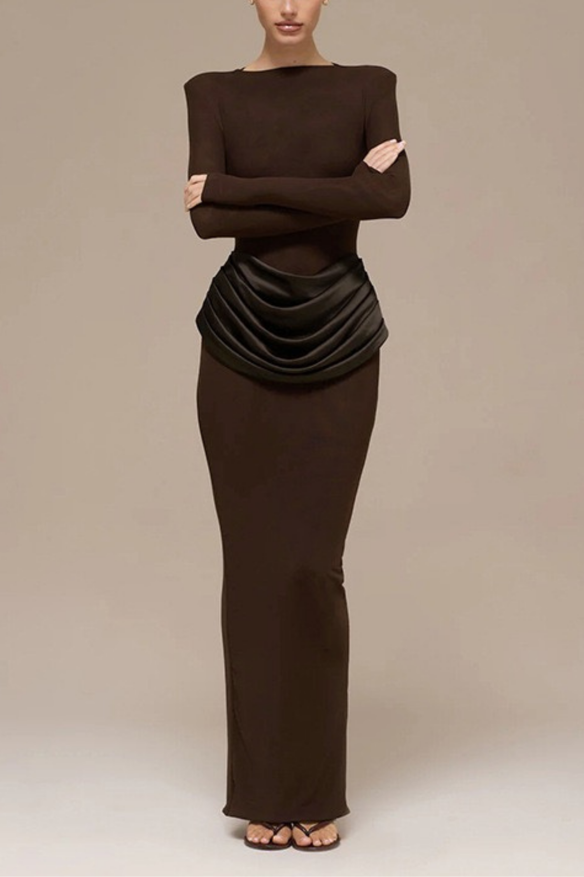 Elena Brown Long Sleeve Bodycon Maxi Dress Avalabel
