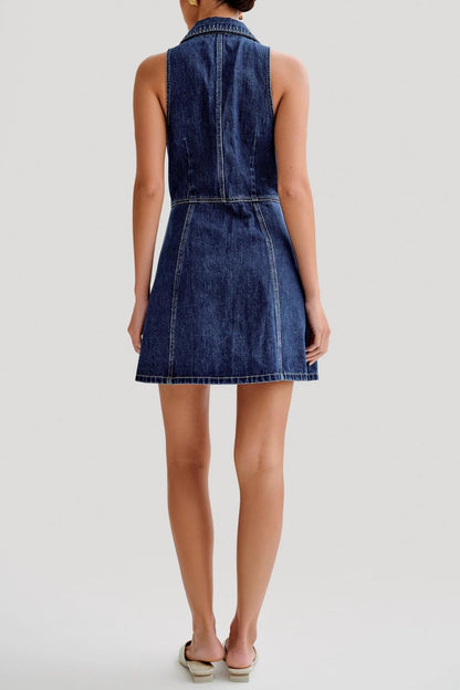 Eartha Collared Denim Mini Dress - Dark Blue