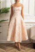 lauren Jacquard Midi Dress with Floral Motif - Blush Pink Avalabel