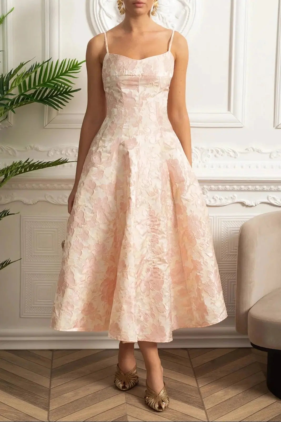 lauren Jacquard Midi Dress with Floral Motif - Blush Pink Avalabel