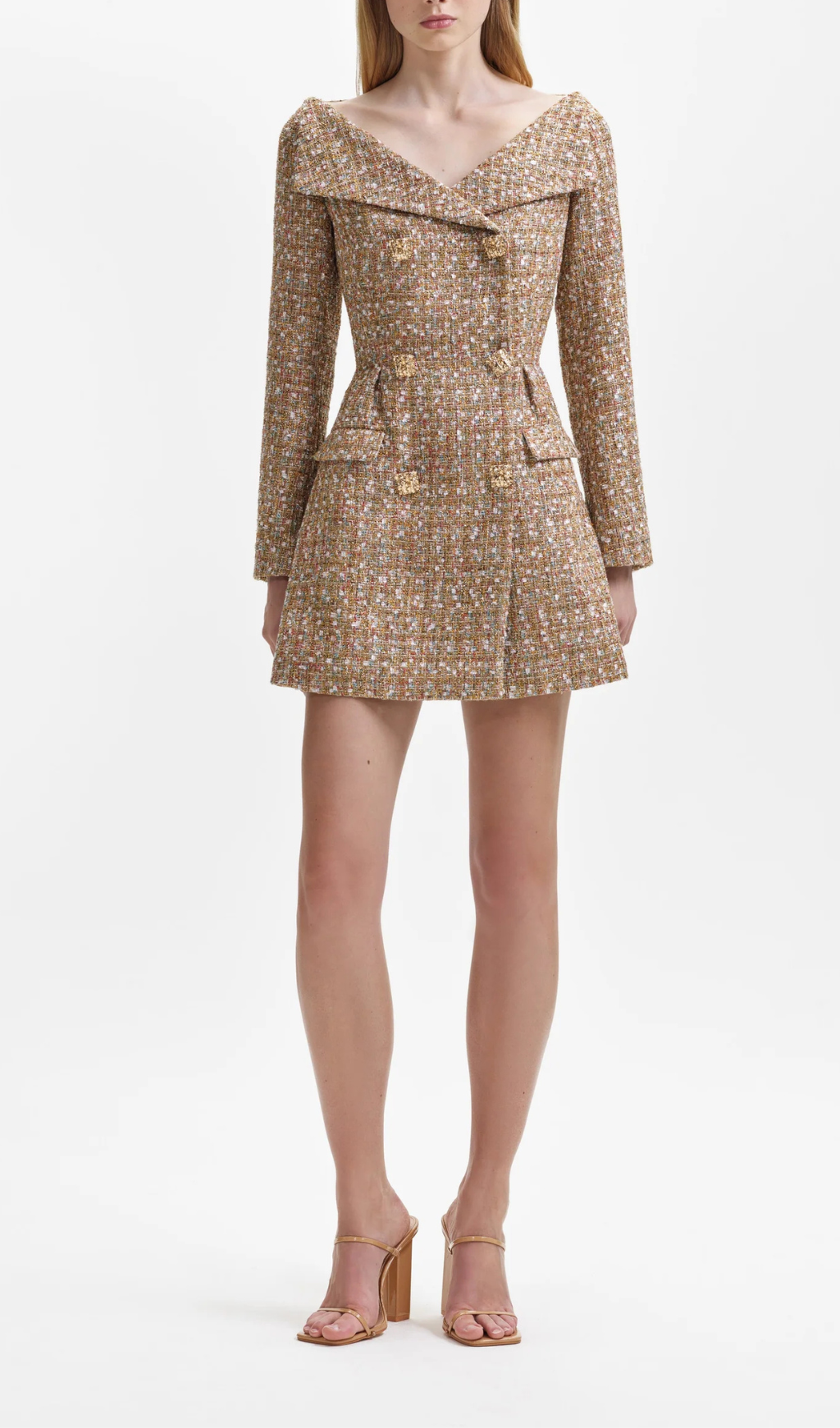 GOLD TINSEL BOUCLE OFF SHOULDER MINI DRESS Avalabel