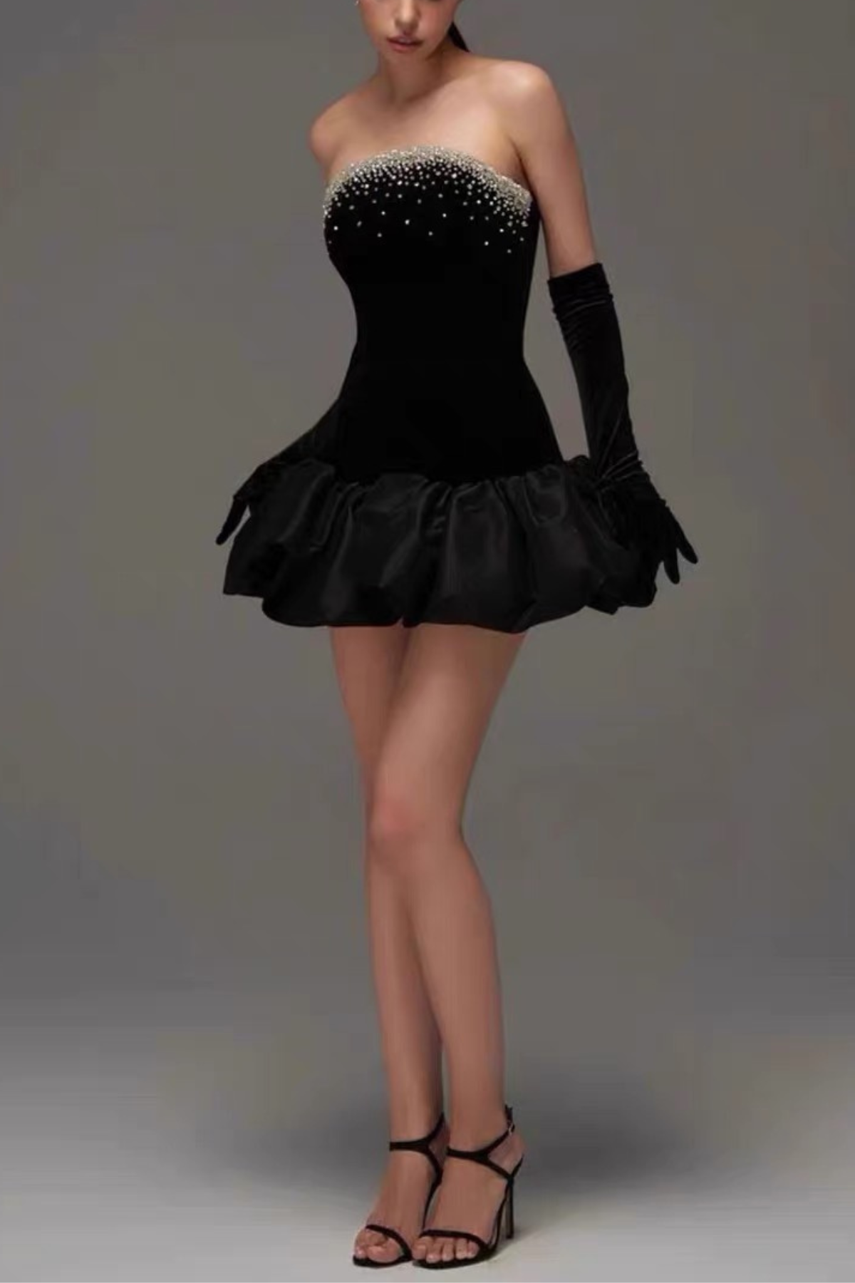 Vivienne Crystal Embellished Black Velvet Strapless Dress With Voluminous Satin Hem Avalabel