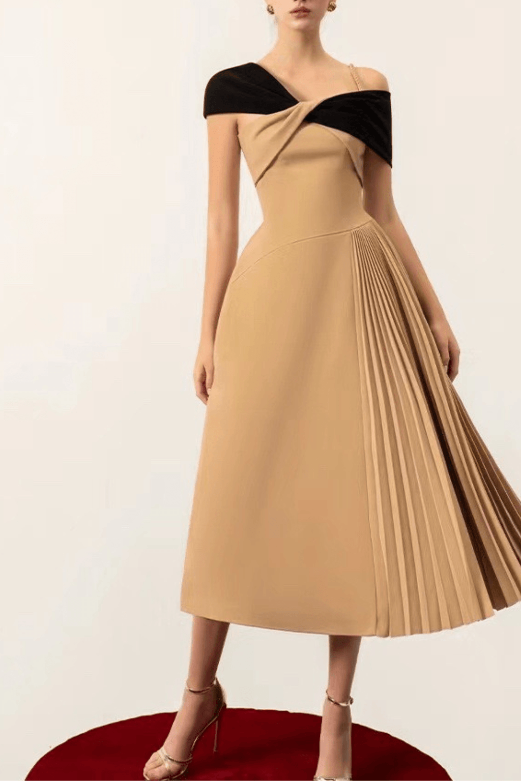 Ella Two‑Tone Off-Shoulder Pleated Midi Dress - Avalabel
