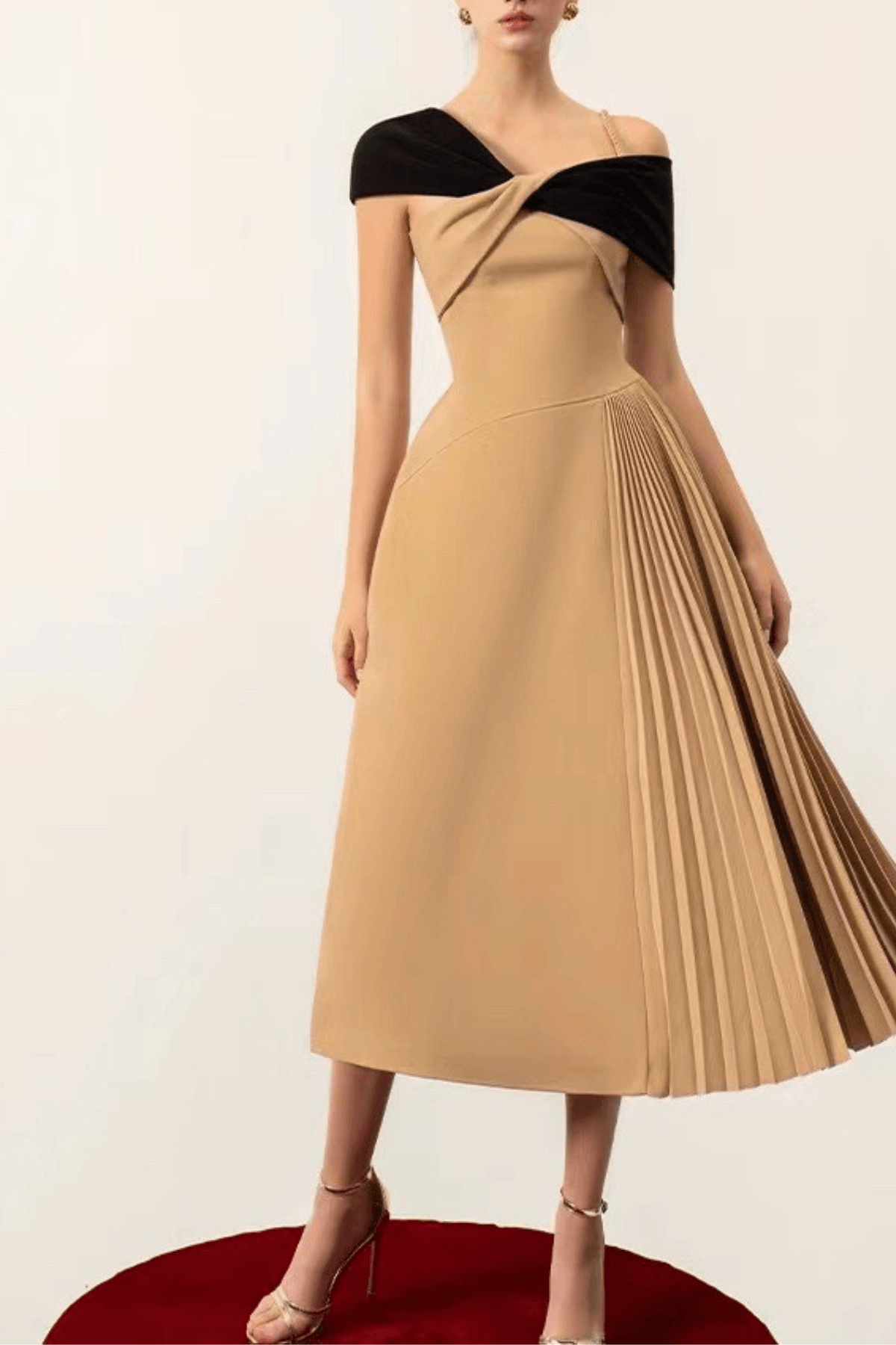 Ella Two‑Tone Off-Shoulder Pleated Midi Dress - Avalabel