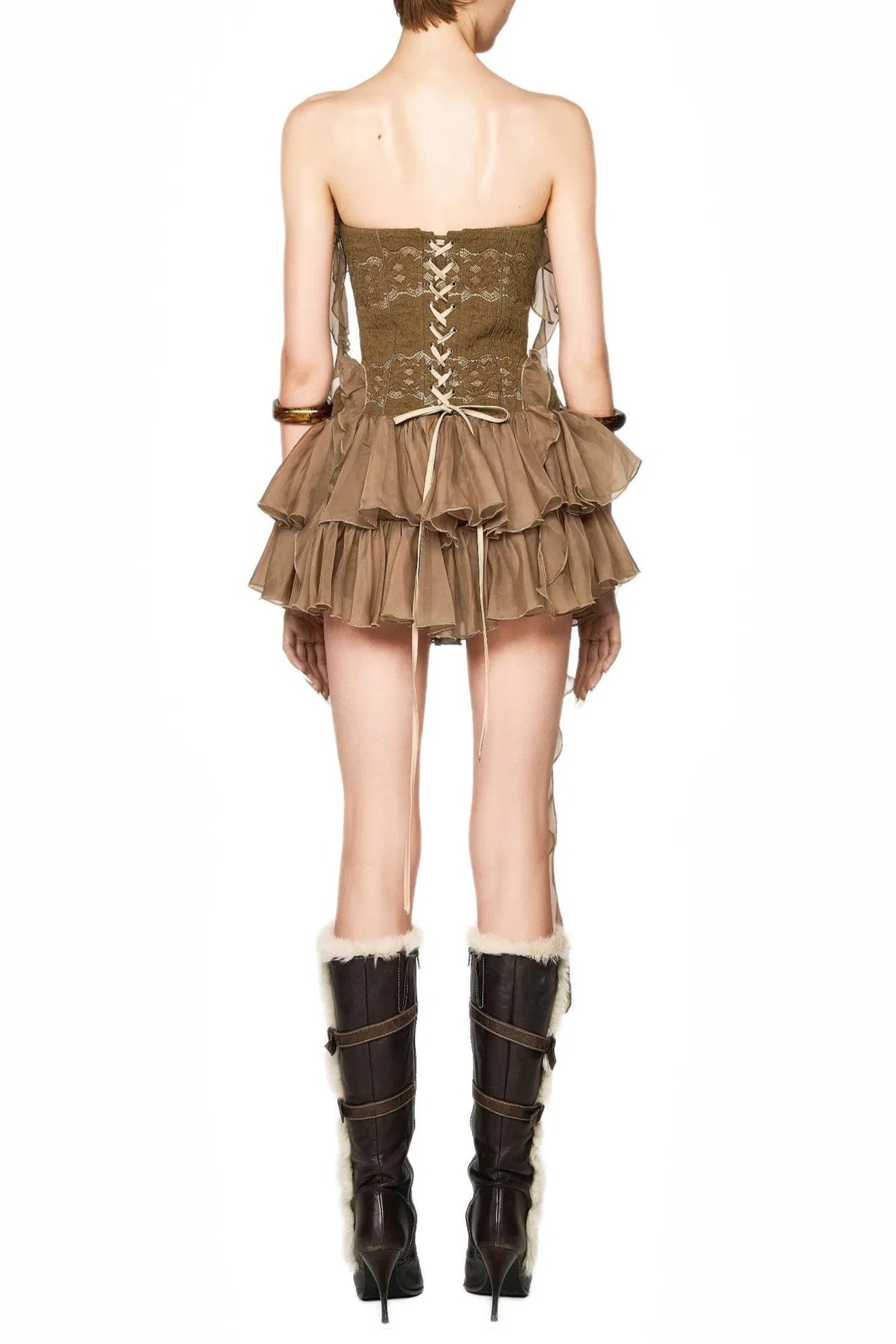 Althea Ruffle Trim Fish Bones Mini Dress in Brown
