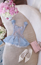 Lace Embroidery Puffy Mini Dress in Blue Avalabel