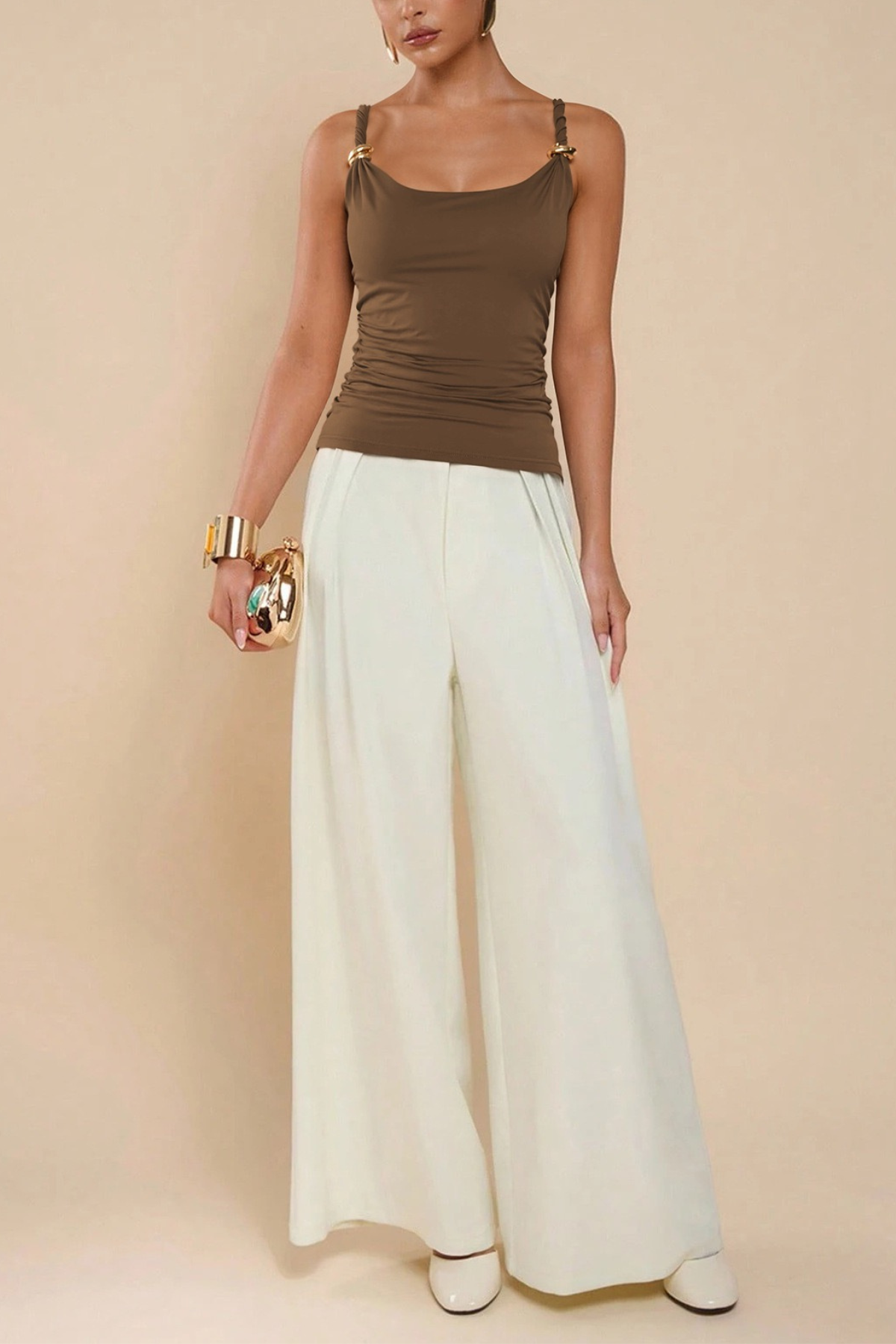 Serena Gold Ring Twisted Strap Ruched Side Slim Cami Top Avalabel
