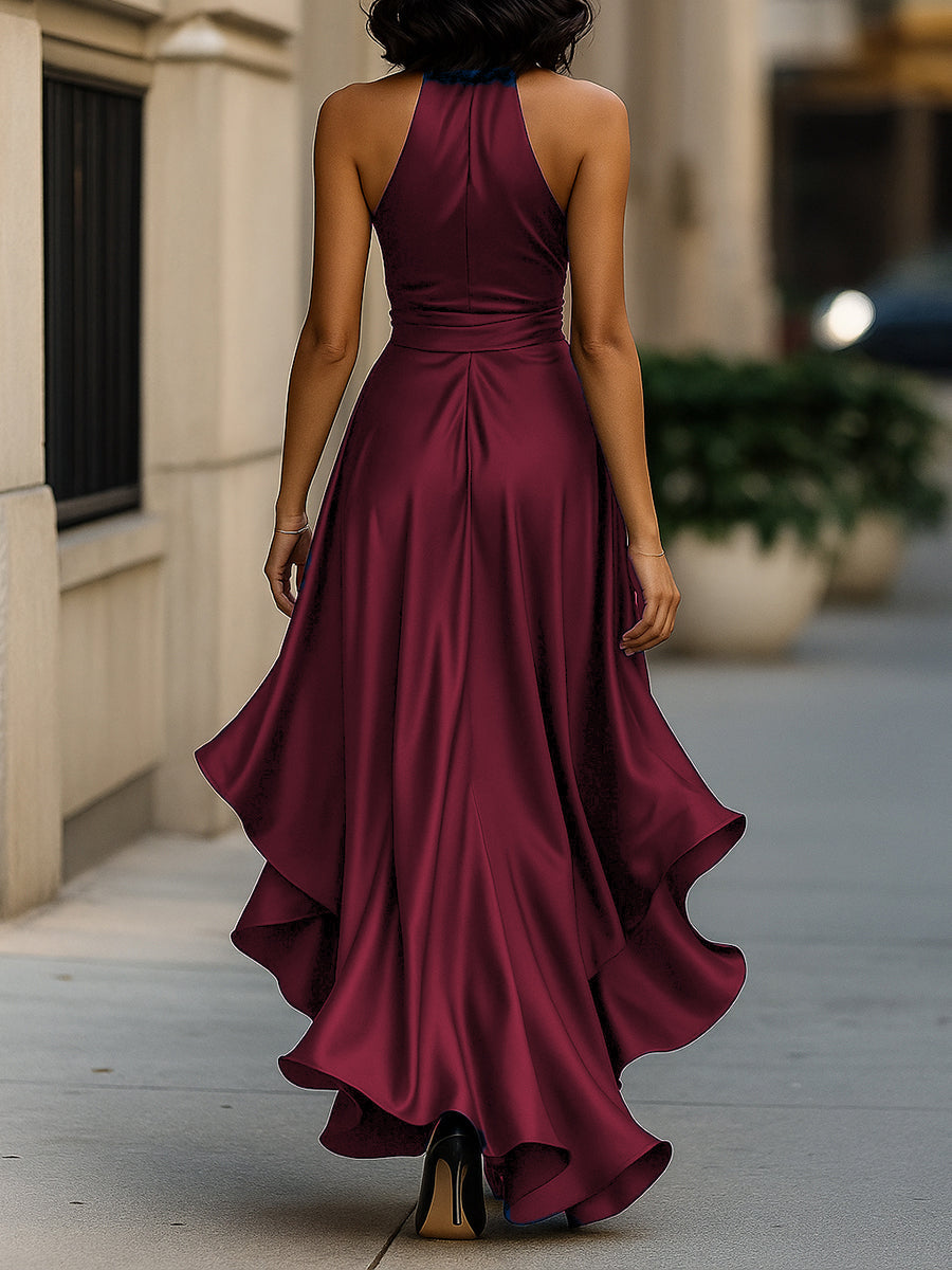 Midnight Elegance Satin Halter Ruffle Gown Avalabel