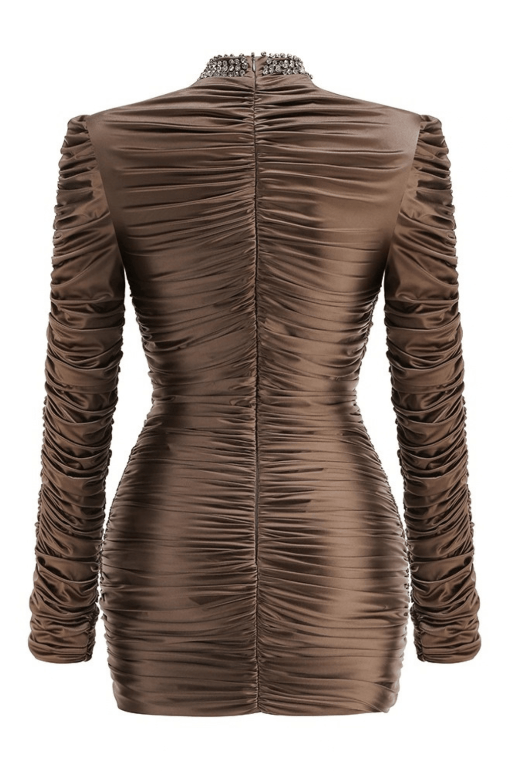 Eden Brown Satin Long Sleeve Ruched Mini Dress Avalabel