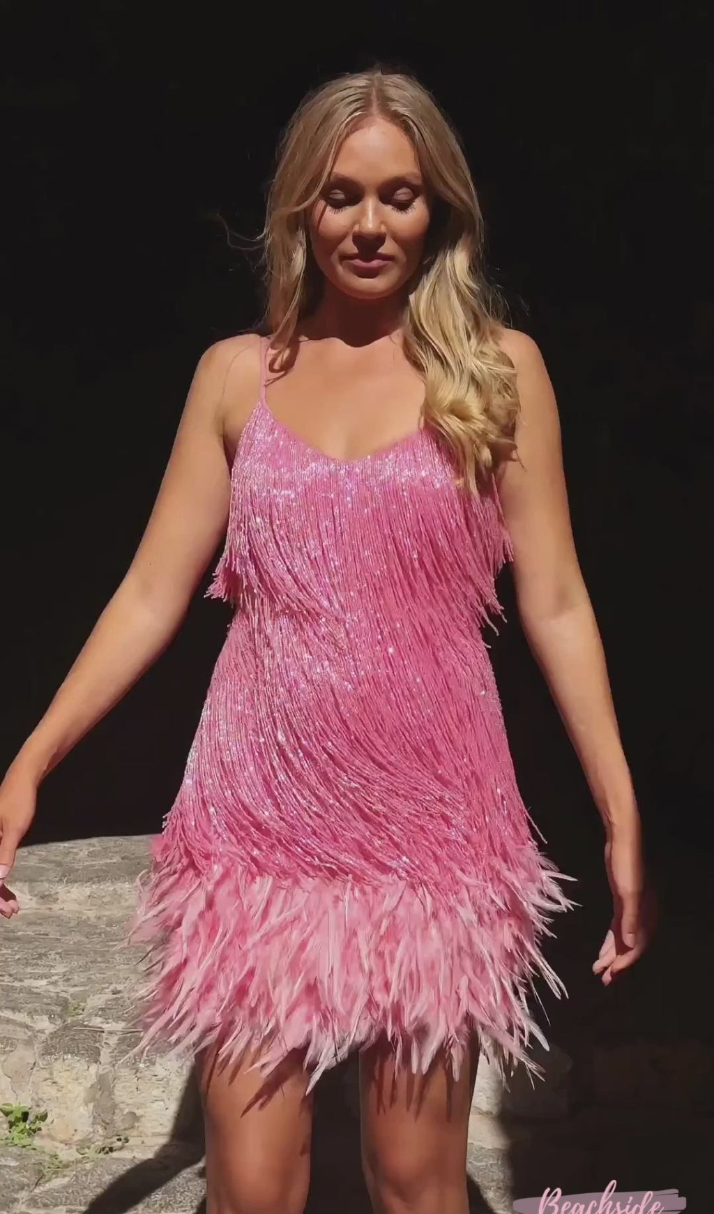 PINK TASSEL FEATHER MINI DRESS Avalabel