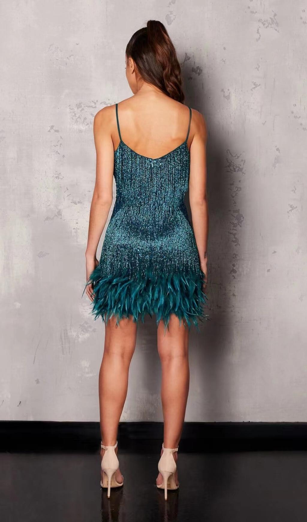 EMERALD TASSEL FEATHER MINI DRESS Avalabel