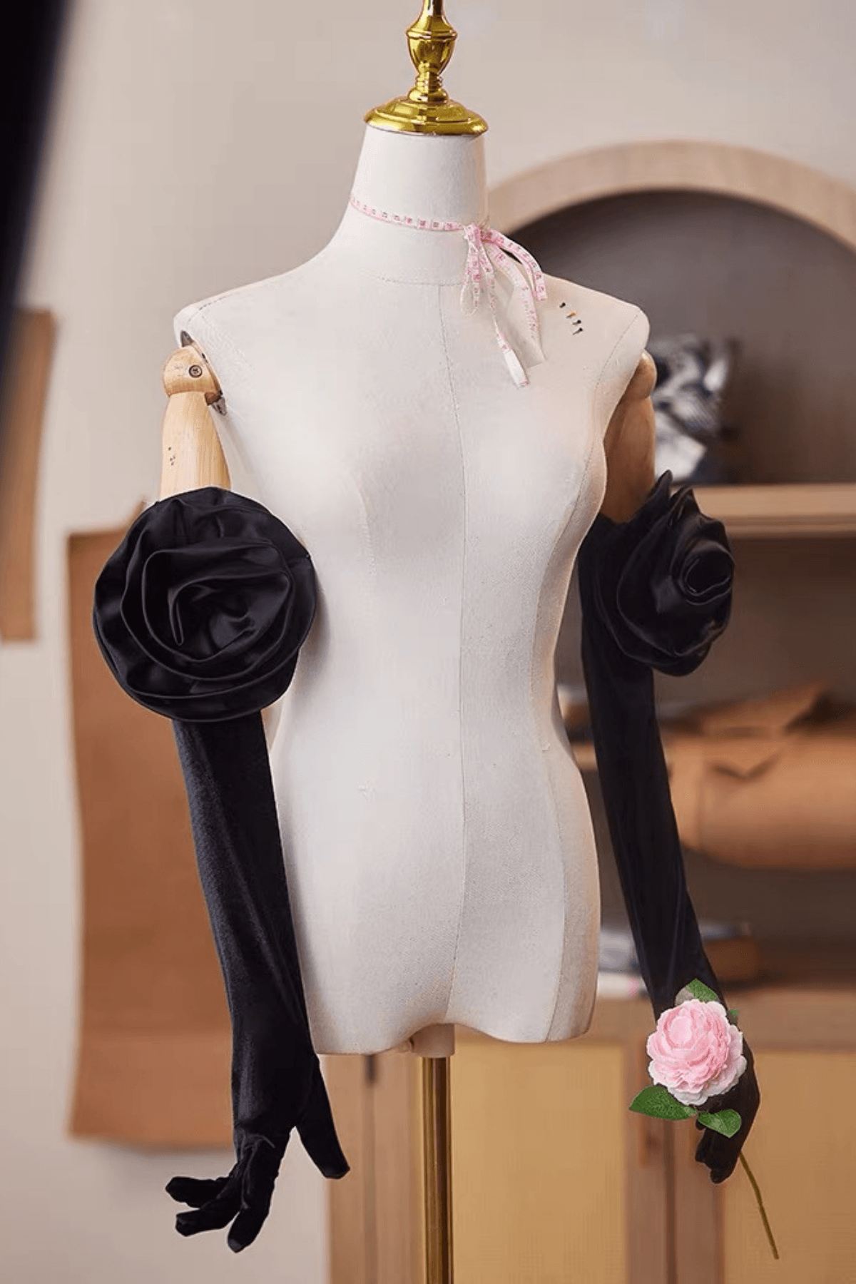 3D Rose Decor Black Velvet Long Gloves Avalabel