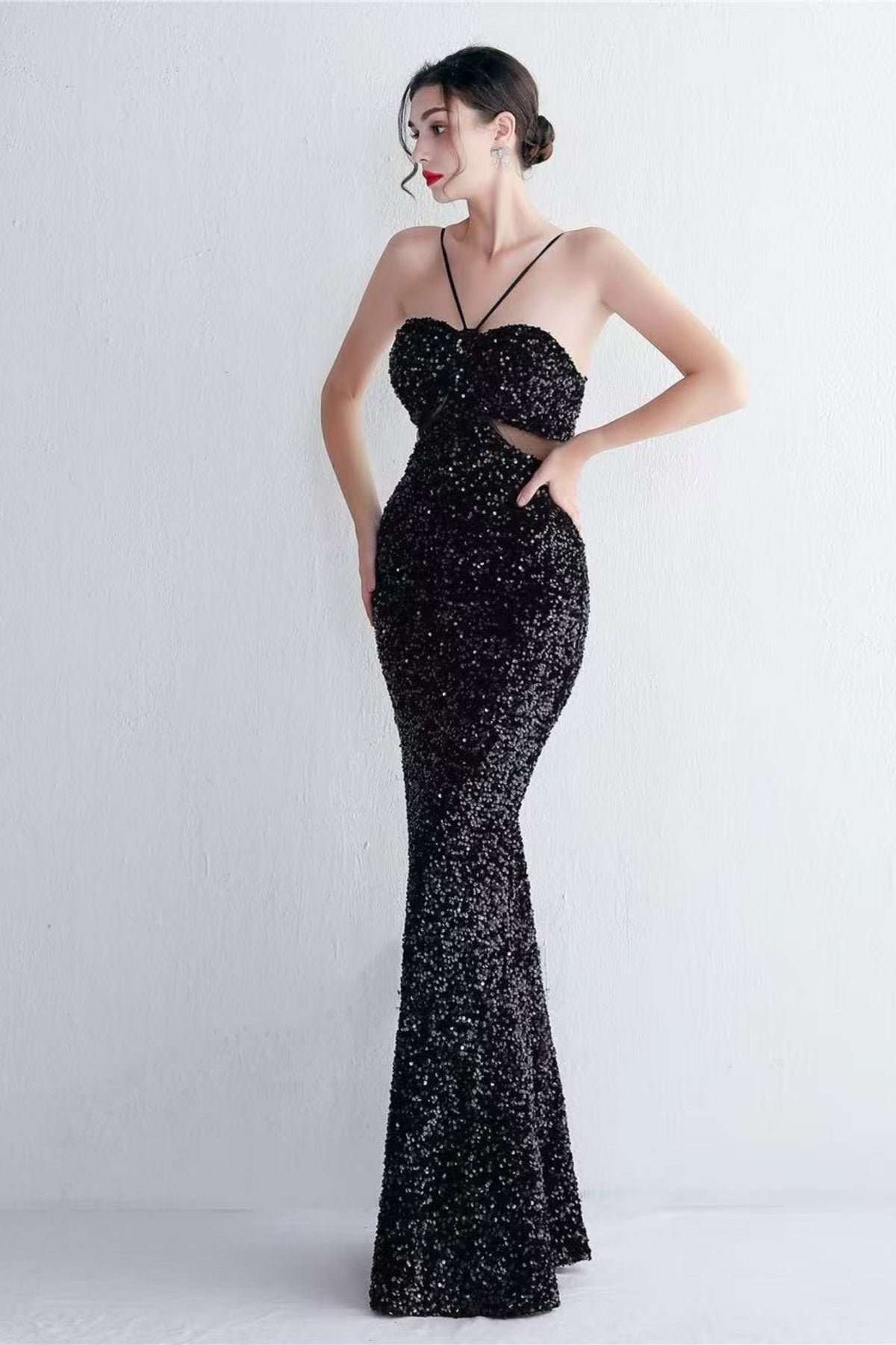 MARIAN BLACK CUTOUT SEQUINS HALTER MAXI DRESS Avalabel