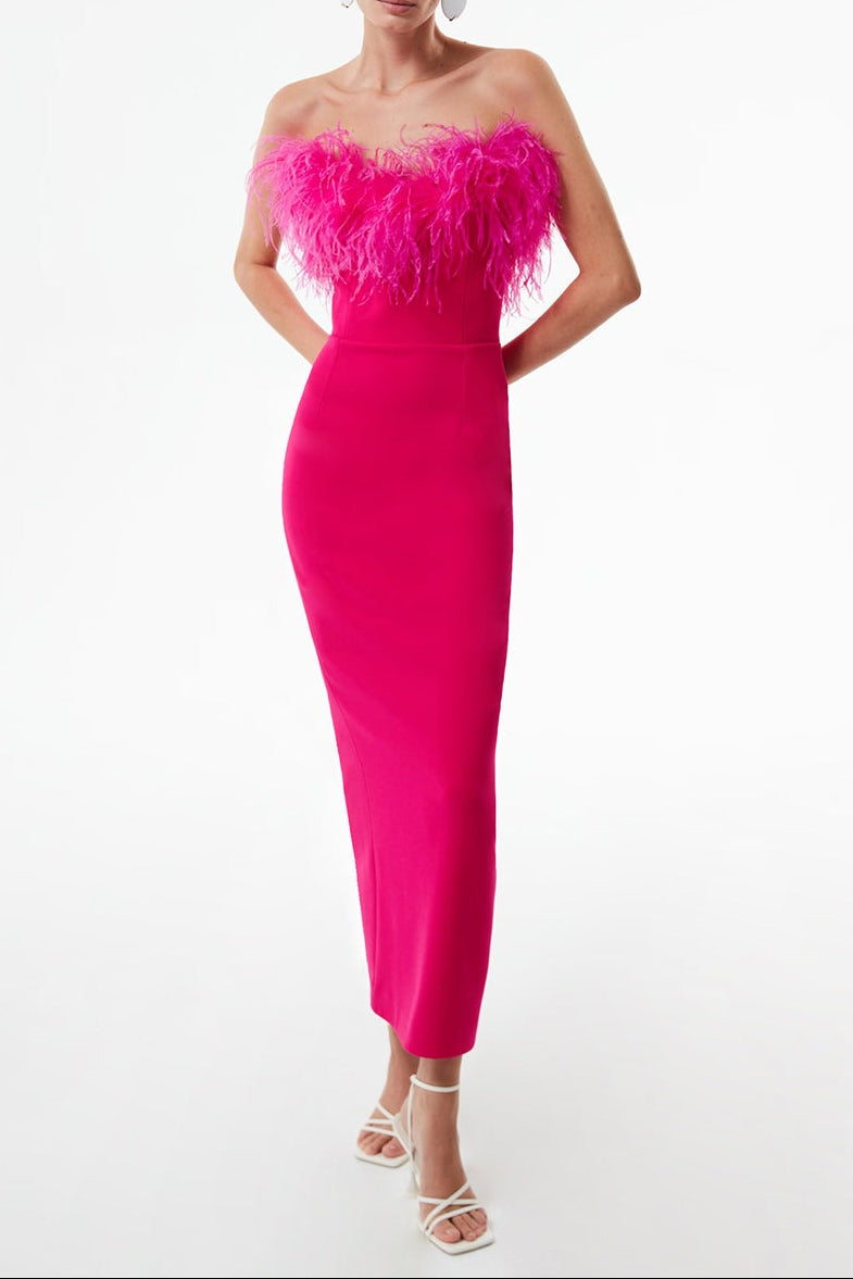 FEATHER BODYCON BANDAGE MIDI DRESS IN HOT PINK Avalabel