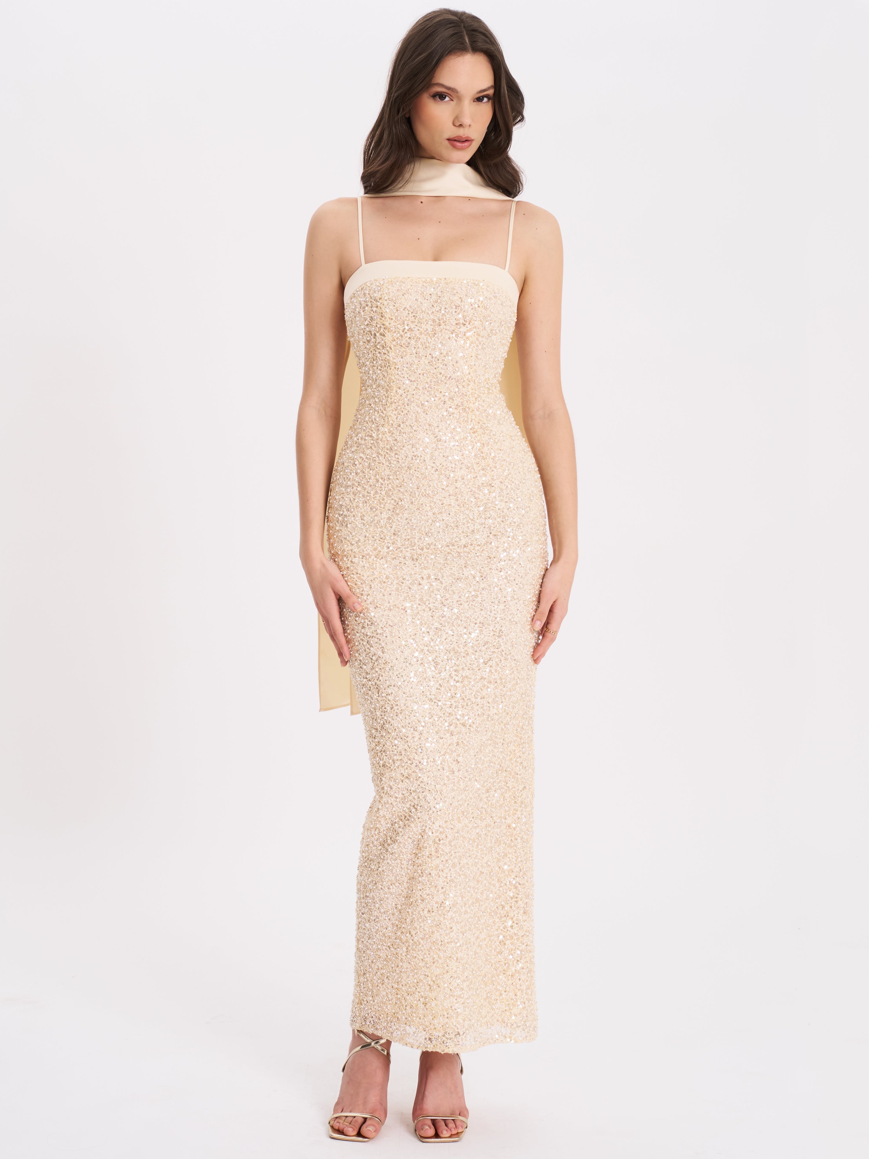 Raizel Gold Beaded Sequin Bodycon Gown with Scarf Avalabel