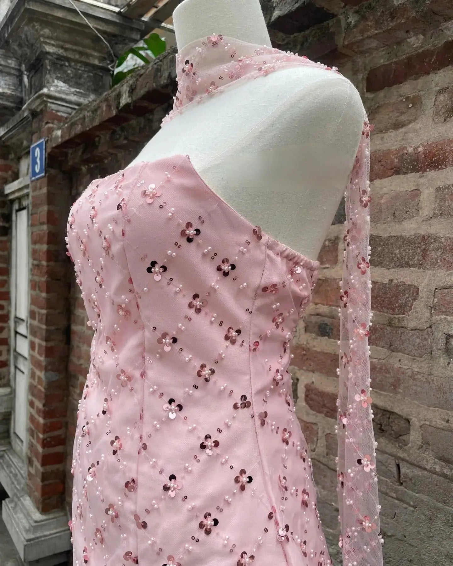 Alberta Strapless Sequins Pearl Mini Dress in Pink Avalabel