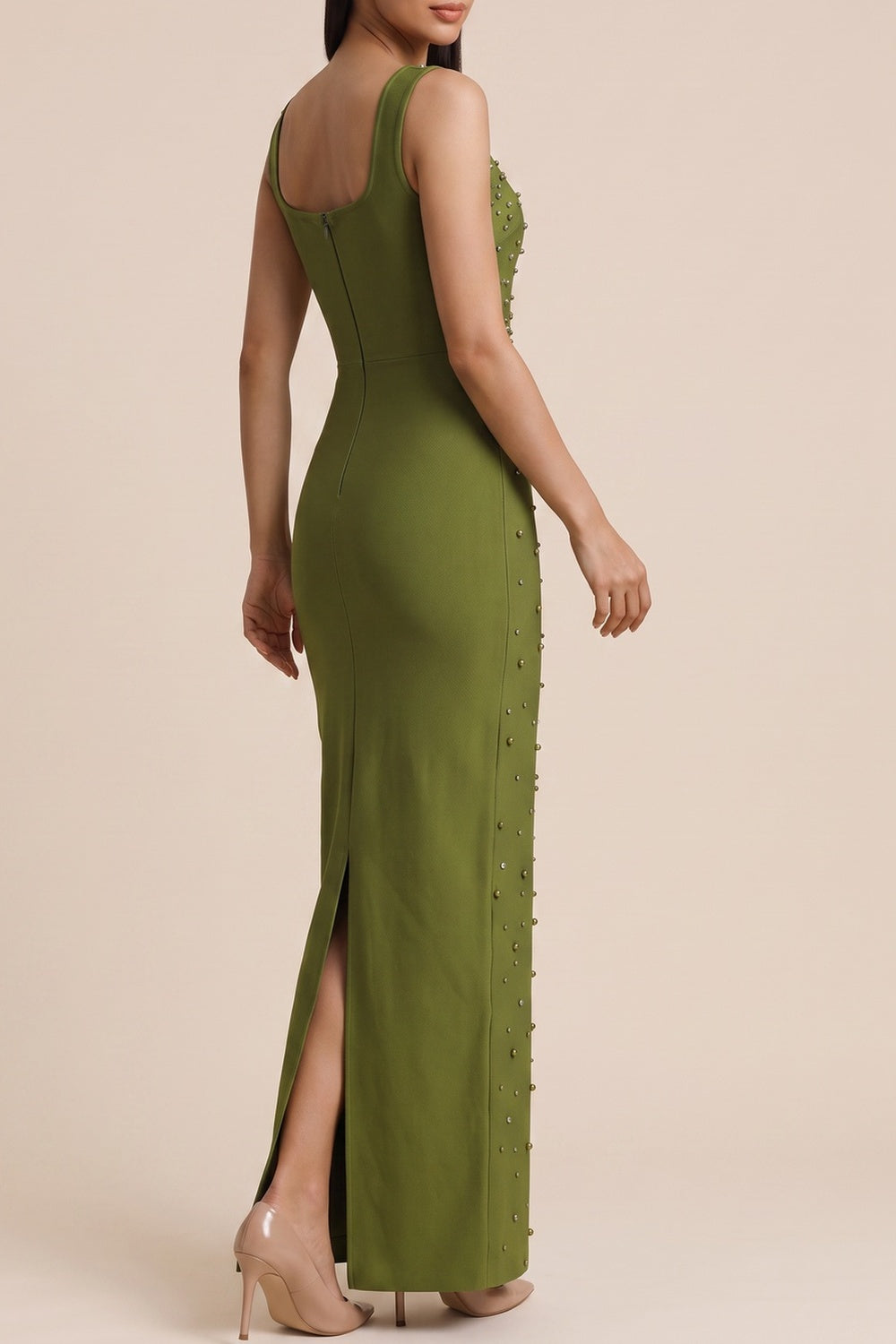 Square Neck Sleeveless Rhinestone Mermaid Maxi Dress poava